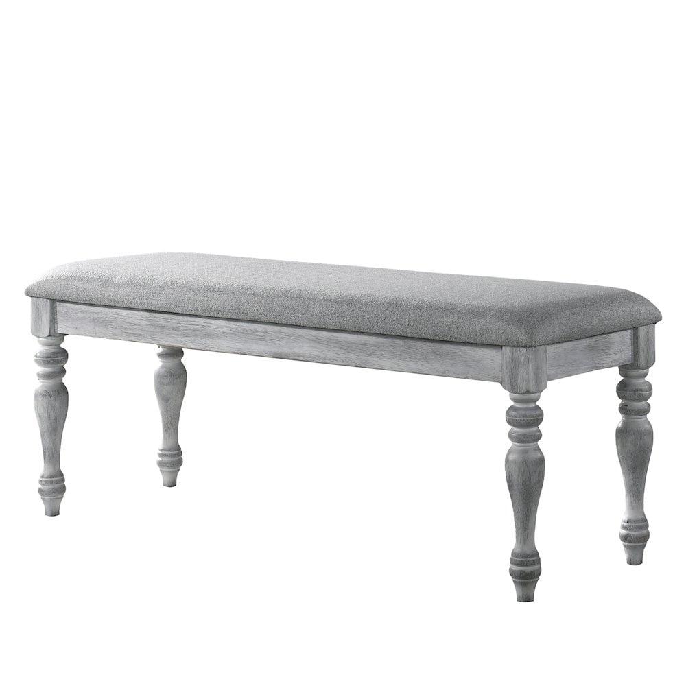 Rustic White Upholstered Turned Leg Dining Bench with Gray Seat