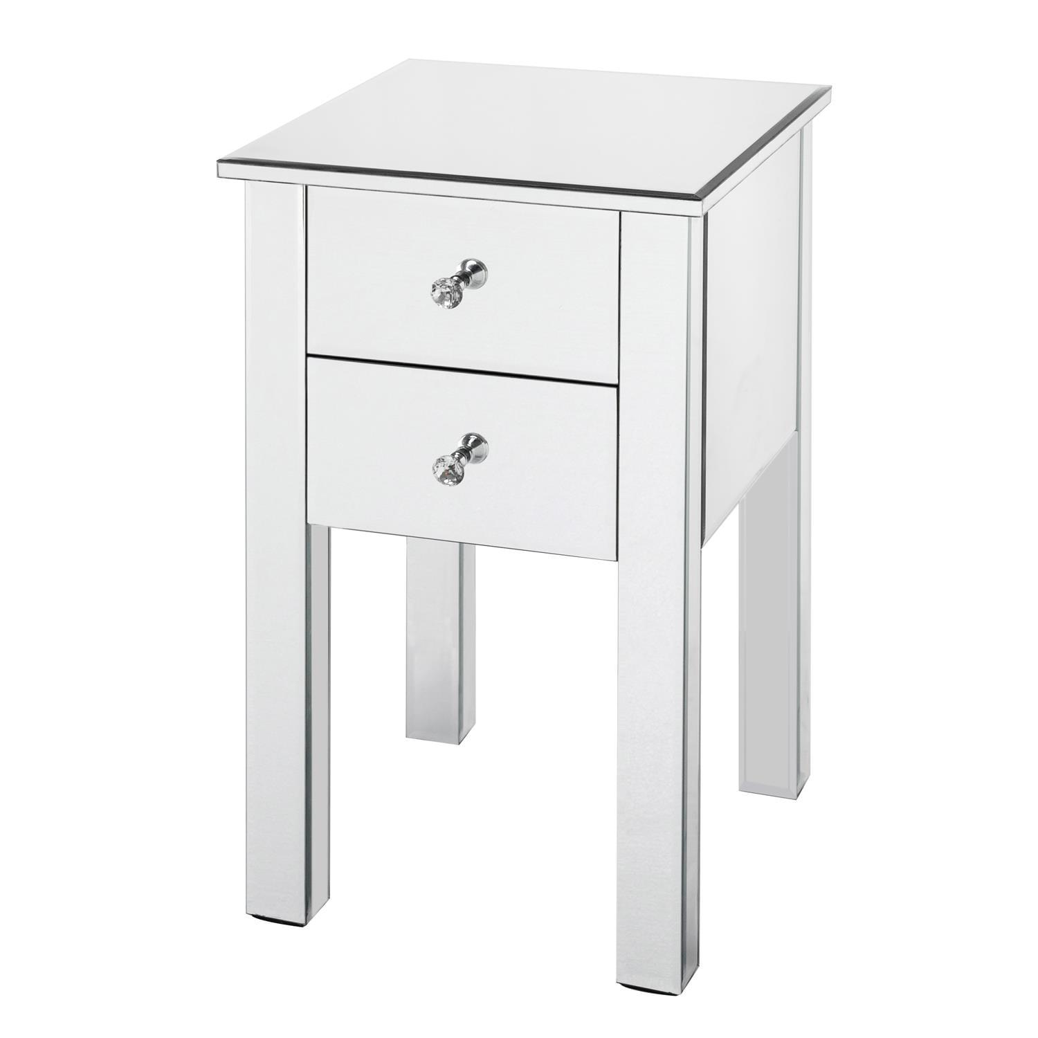 Veryke Modern Mirrored Nightstand, Glass Bedside Table with 2 Drawers - Silver