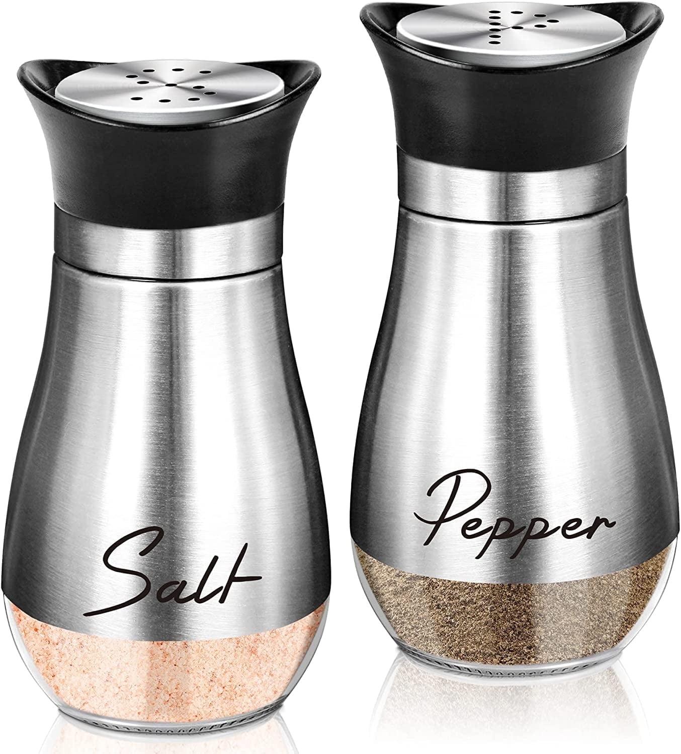 Juvale Stainless Steel Salt and Pepper Shakers Set with Glass Bottom, Perforated "S" and "P" Caps - Modern Kitchen Decor (4oz)