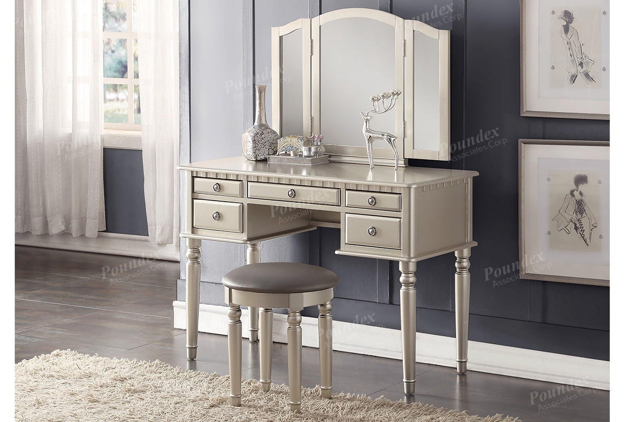 Saltoro Sherpi 3 Piece Adult Elegant Functional 5 Drawers and Stool Table Set Silver