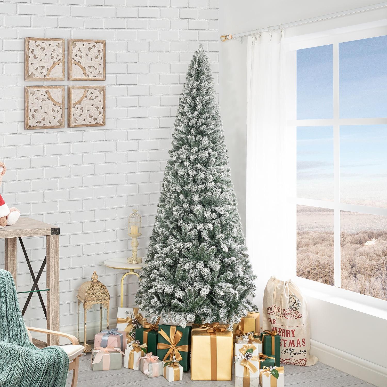 Salzburg 7.5ft Frosted Prelit Slim Artificial Christmas Tree with 1102 Branch Tips, 350 Warm Lights and Metal Stand, 34" wide Realistic Snow Flocked Skinny Pencil Christmas Tree by Naomi Home