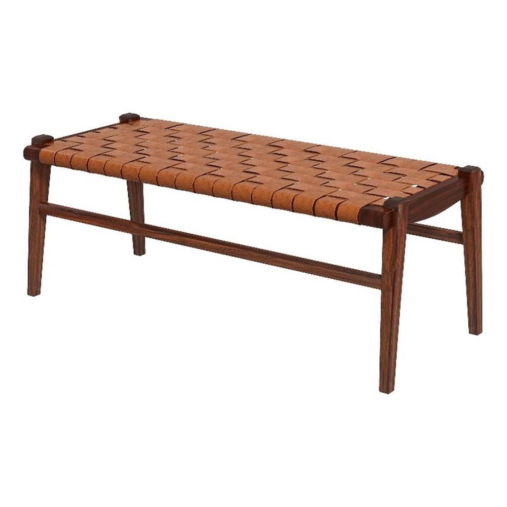 Tan Genuine Leather and Teak Mid-Century Modern Bench