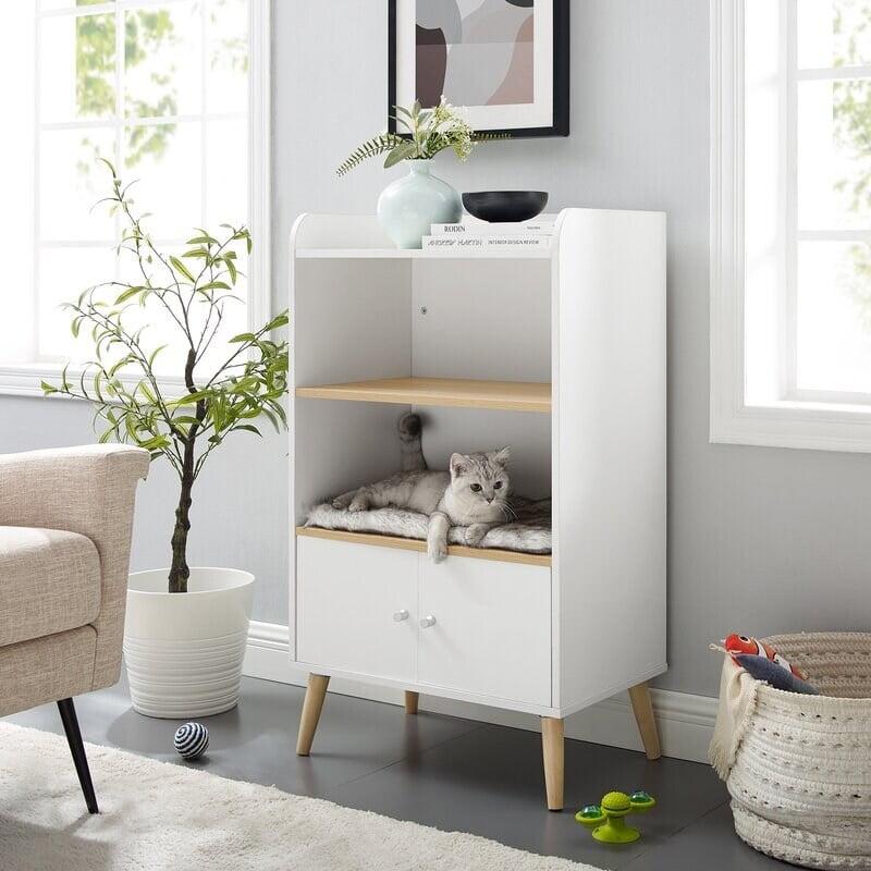 Modern White 39" Cat Tree Bookshelf with Plush Cushion and Storage Drawer