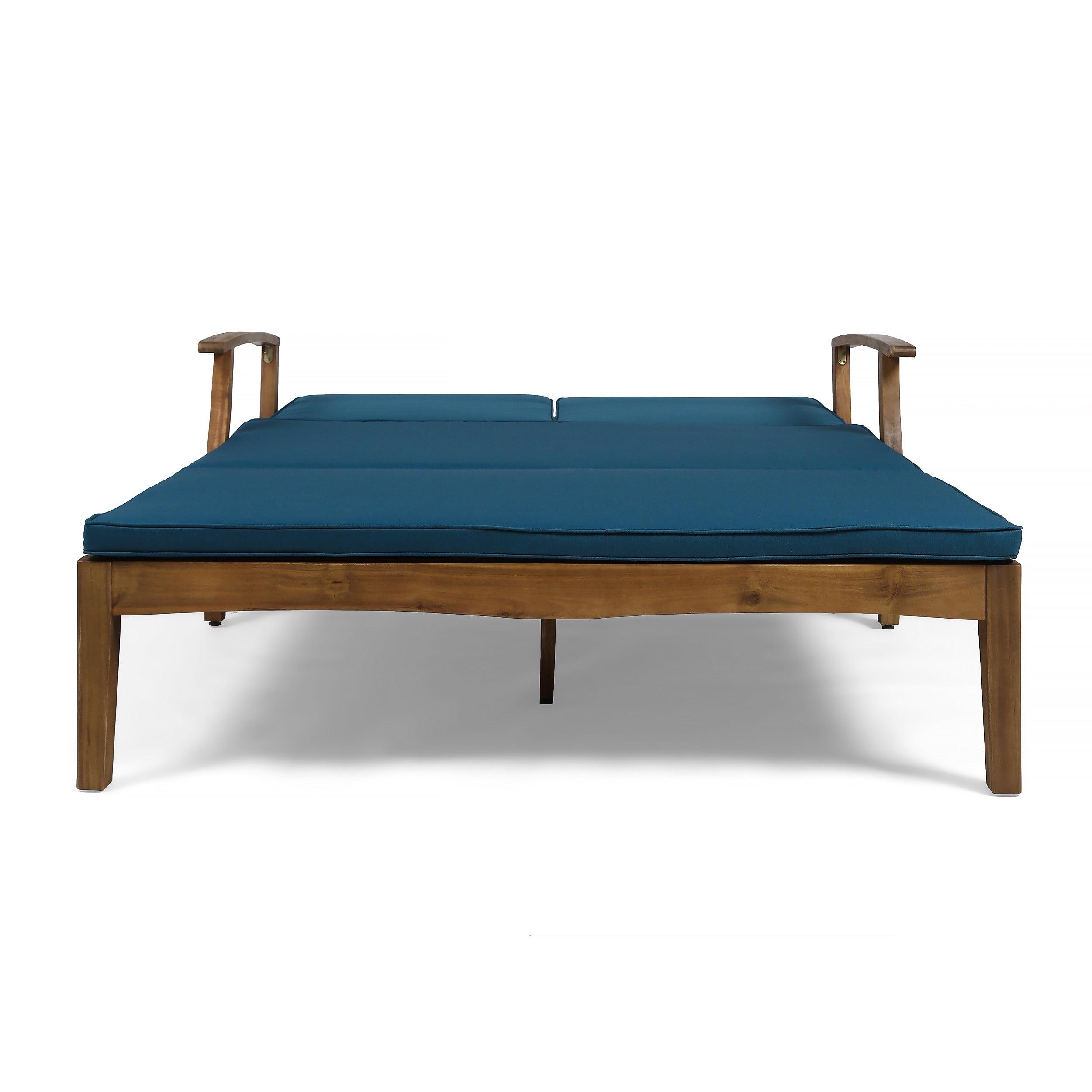 Samantha Double Chaise Lounge with Blue Cushions and Acacia Wood Frame