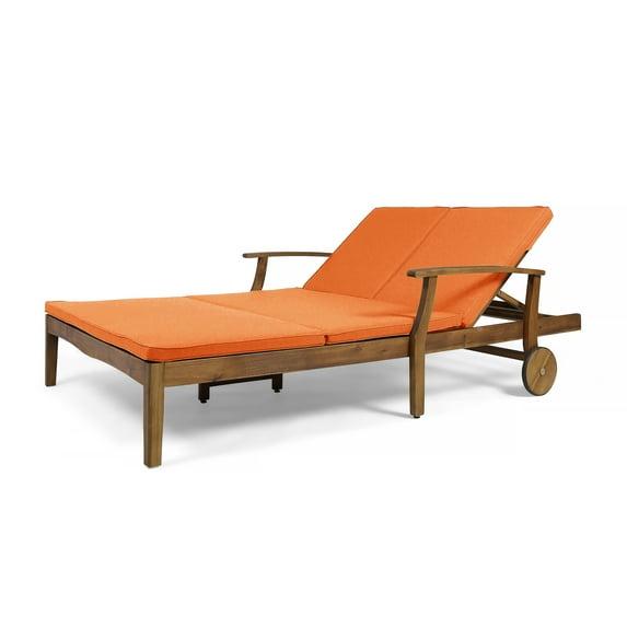 GDFStudio Abena Outdoor Acacia Wood Double Adjustable Chaise Lounge with Cushions, Teak/Orange