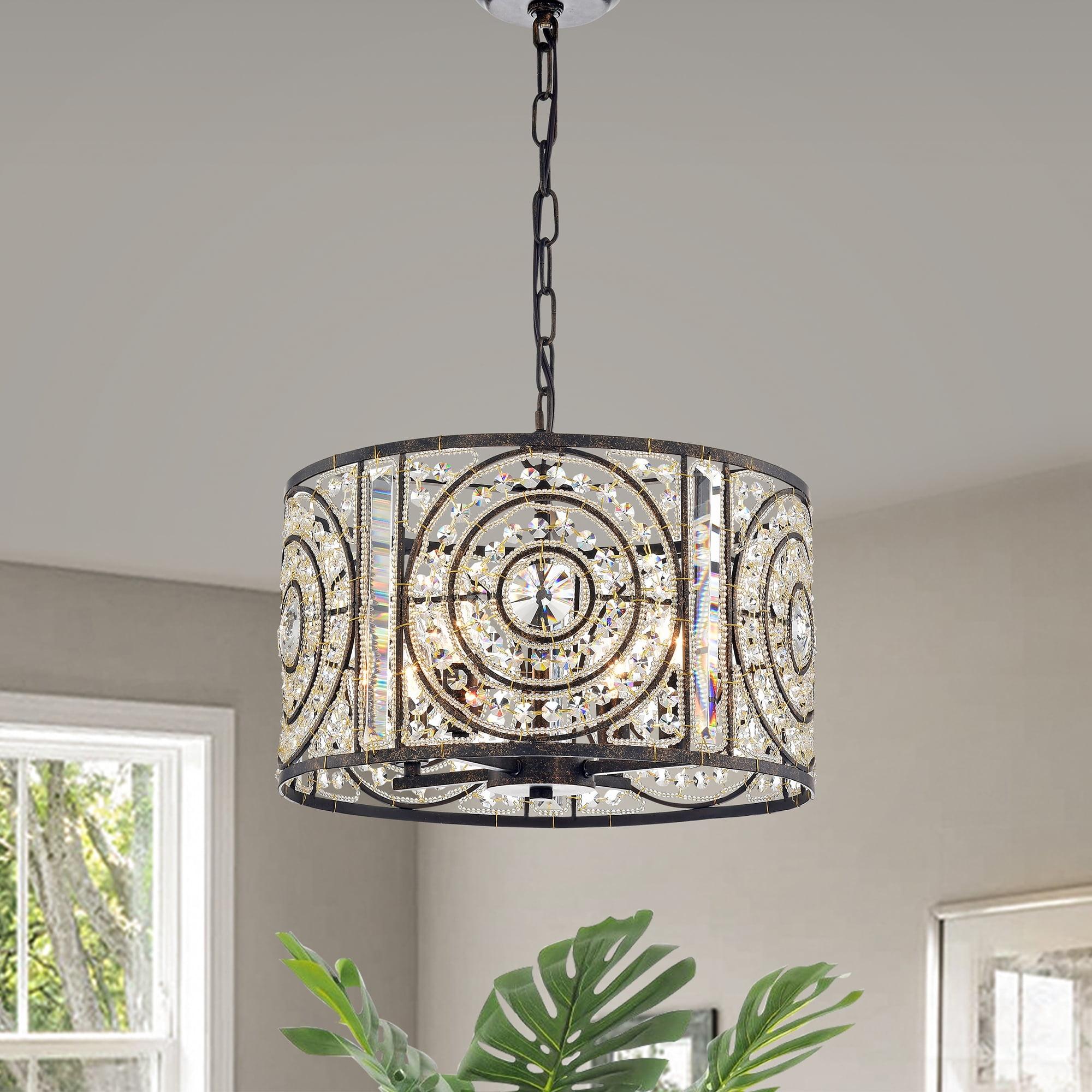 Elegant Antique Bronze Drum Chandelier with Sparkling Crystals