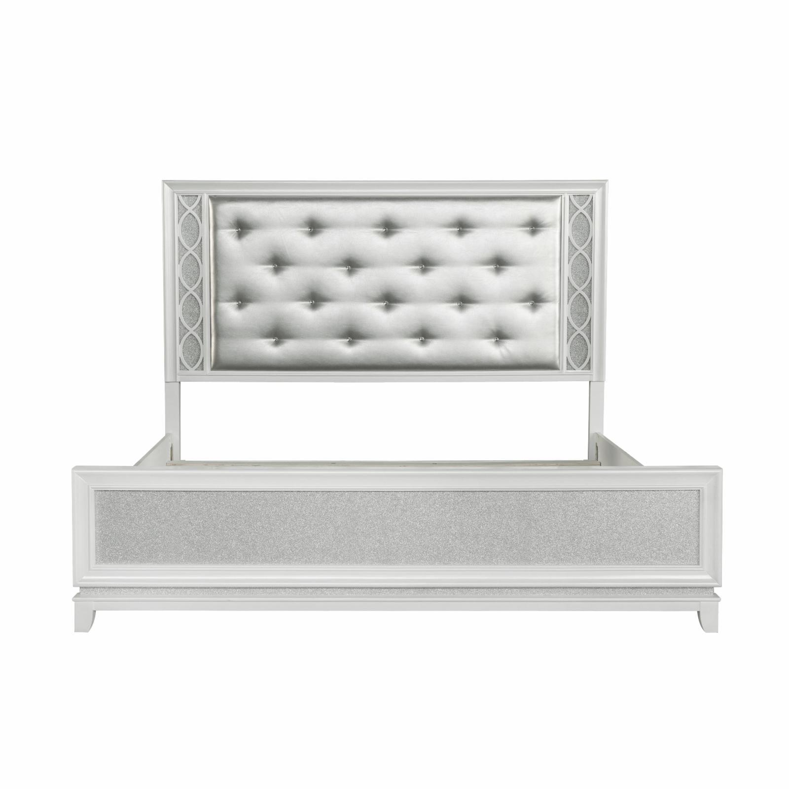 Luxe Silver Pearlized Tufted King Bed with LED Headboard