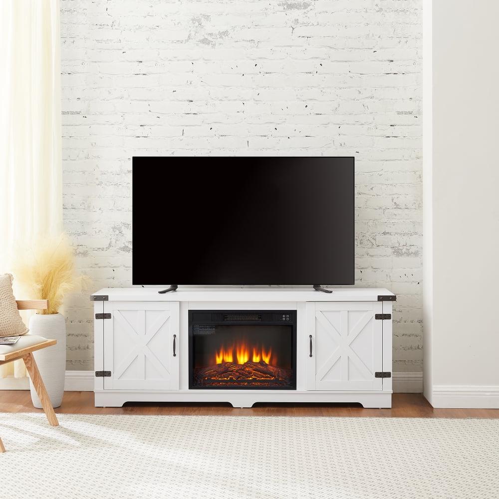 Modern Farmhouse TV Stand With 23" Electric Fireplace Heater, Media Entertainment Center For TV Up To 70", Console Table W/Storage Cabinets