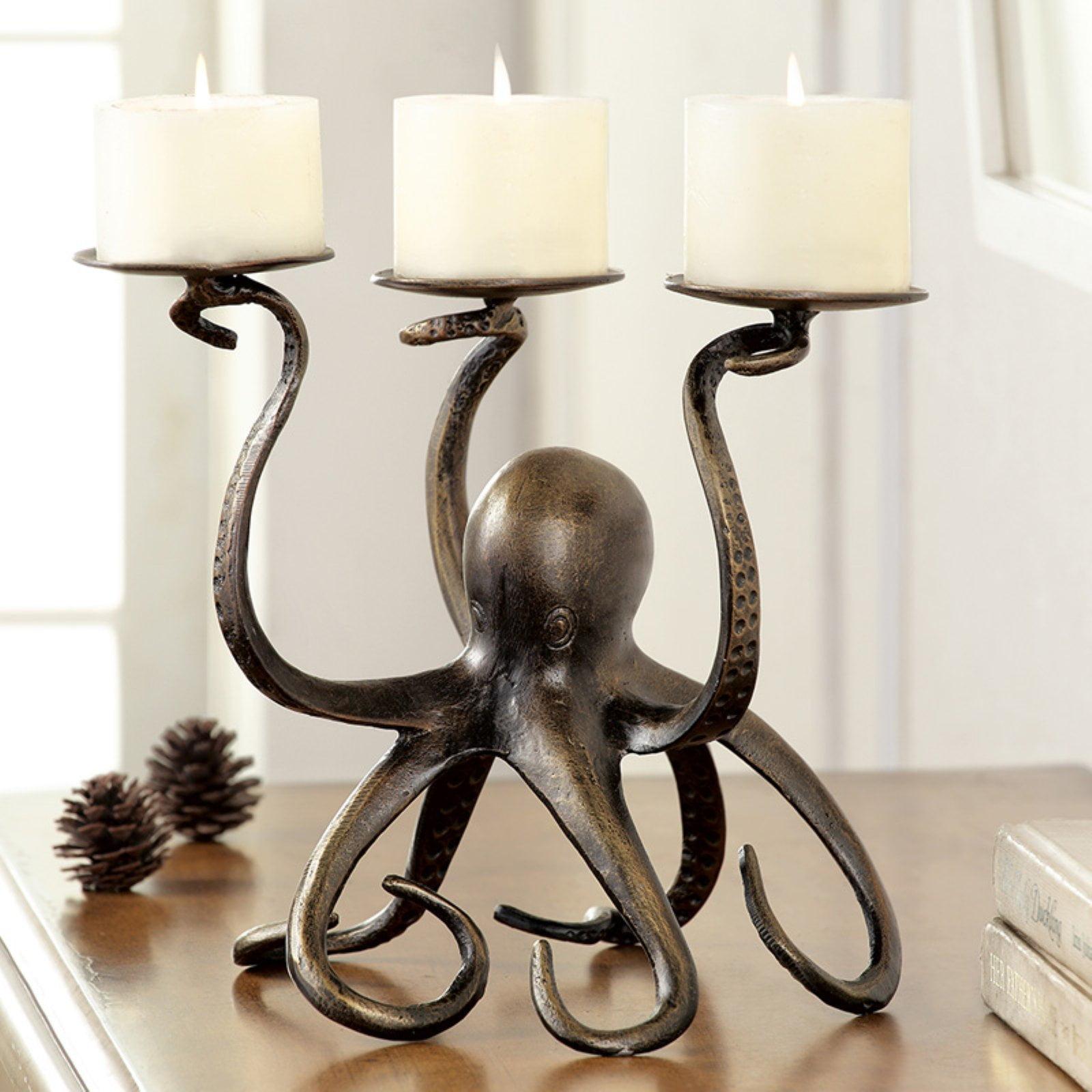 Bronze Ceramic Octopus Trio Hurricane Candelabra 10.5"