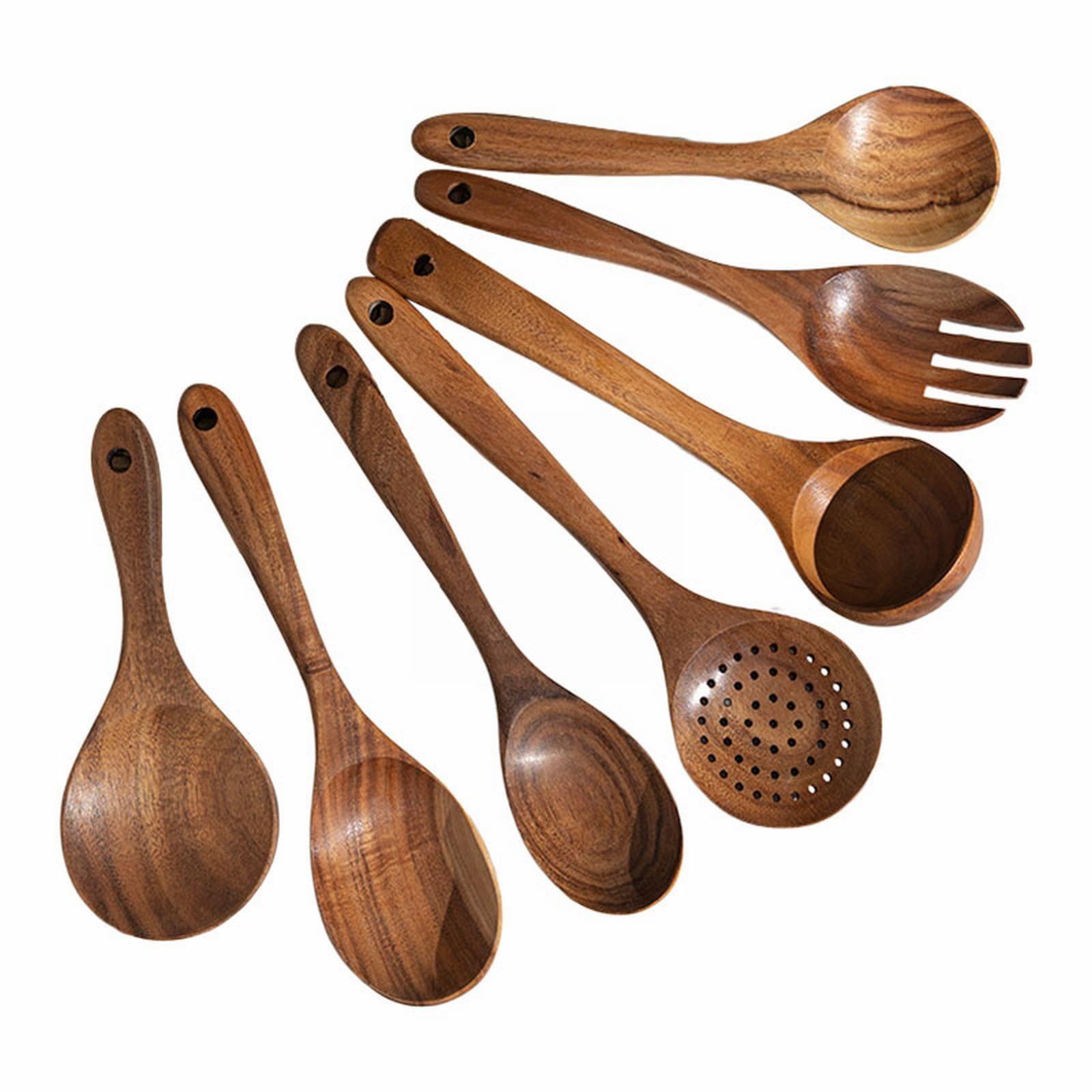 Sandistore Plate Mates Set 7PCS Wooden Cooking Utensils Kitchen Utensil Natural Teak Wood Kitchen Utensils Tool Nonstick Hard Wooden Spatula And Wooden Spoons