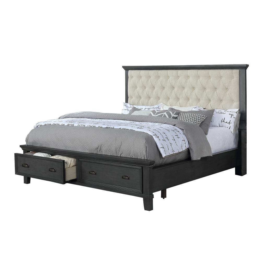 California King Brown Rubberwood Platform Bed with Tufted Upholstered Headboard and Storage