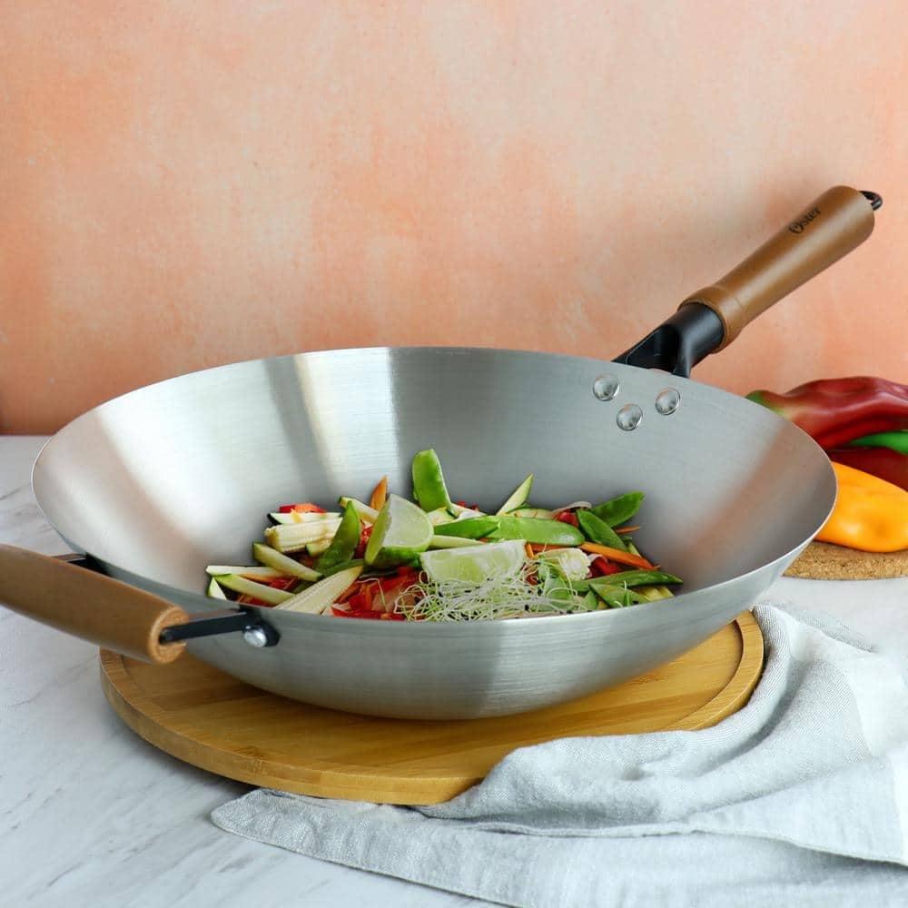 Sangerfield 14.25" Stainless Steel Flat Bottom Wok with Wooden Handles