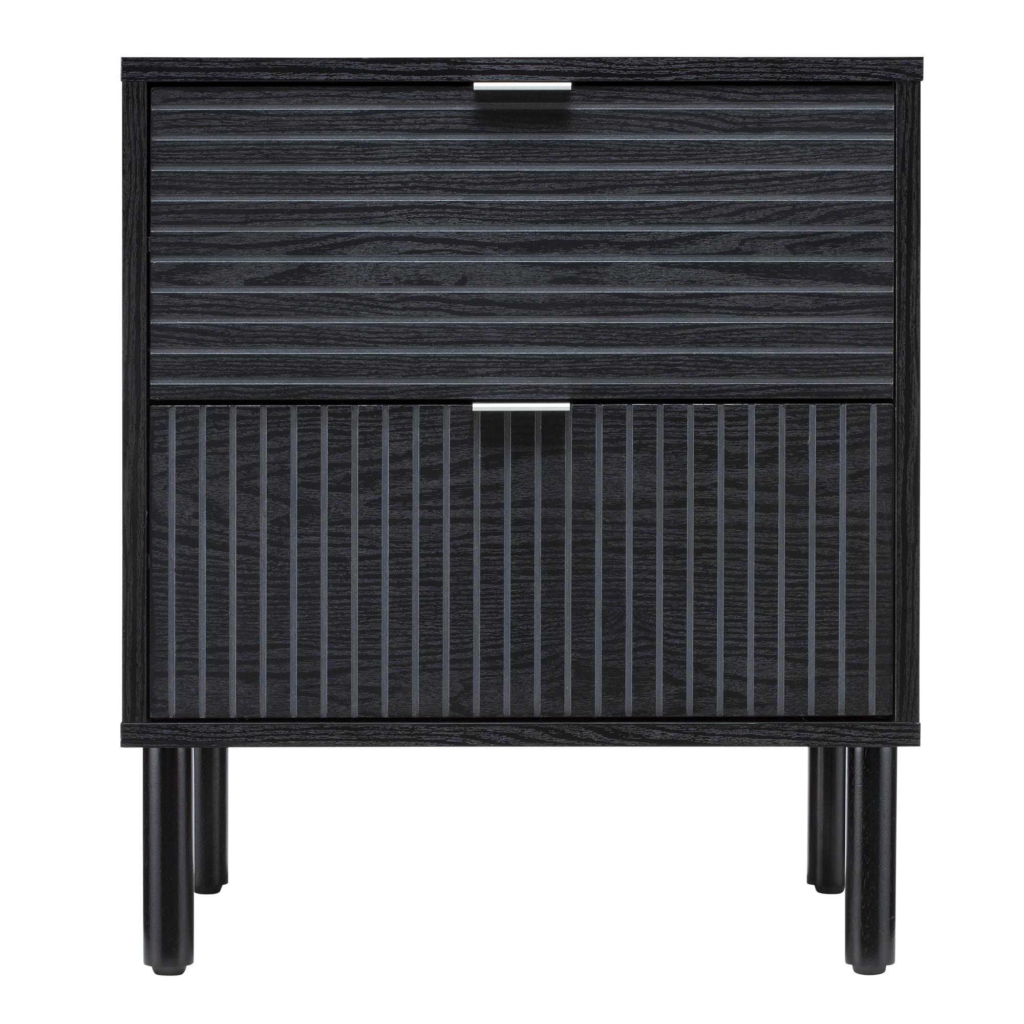 Sango Merk Sleek Black 2-Drawer Nightstand with Groove Detail