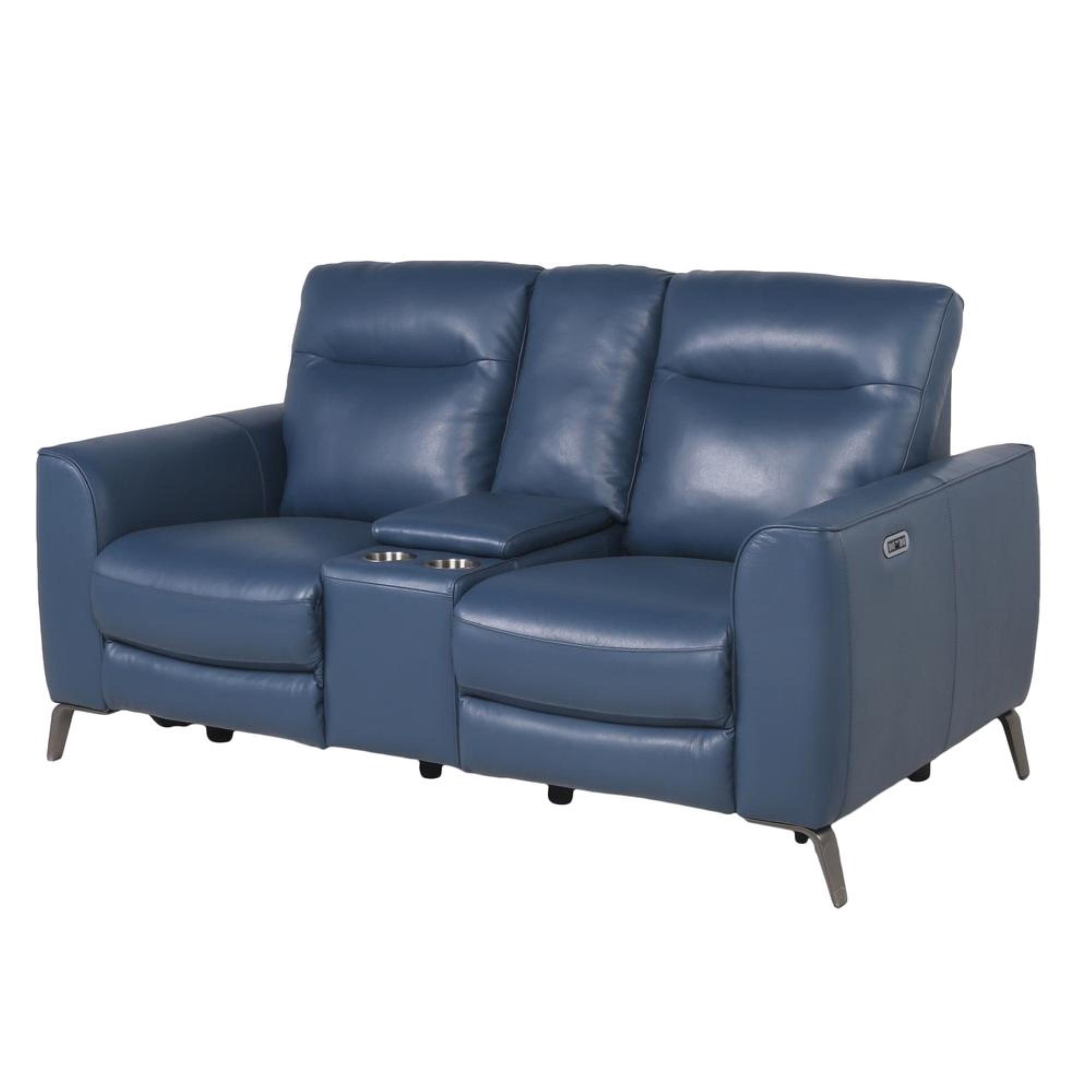 Ocean Blue Leather Power Reclining Sectional with Cup Holder