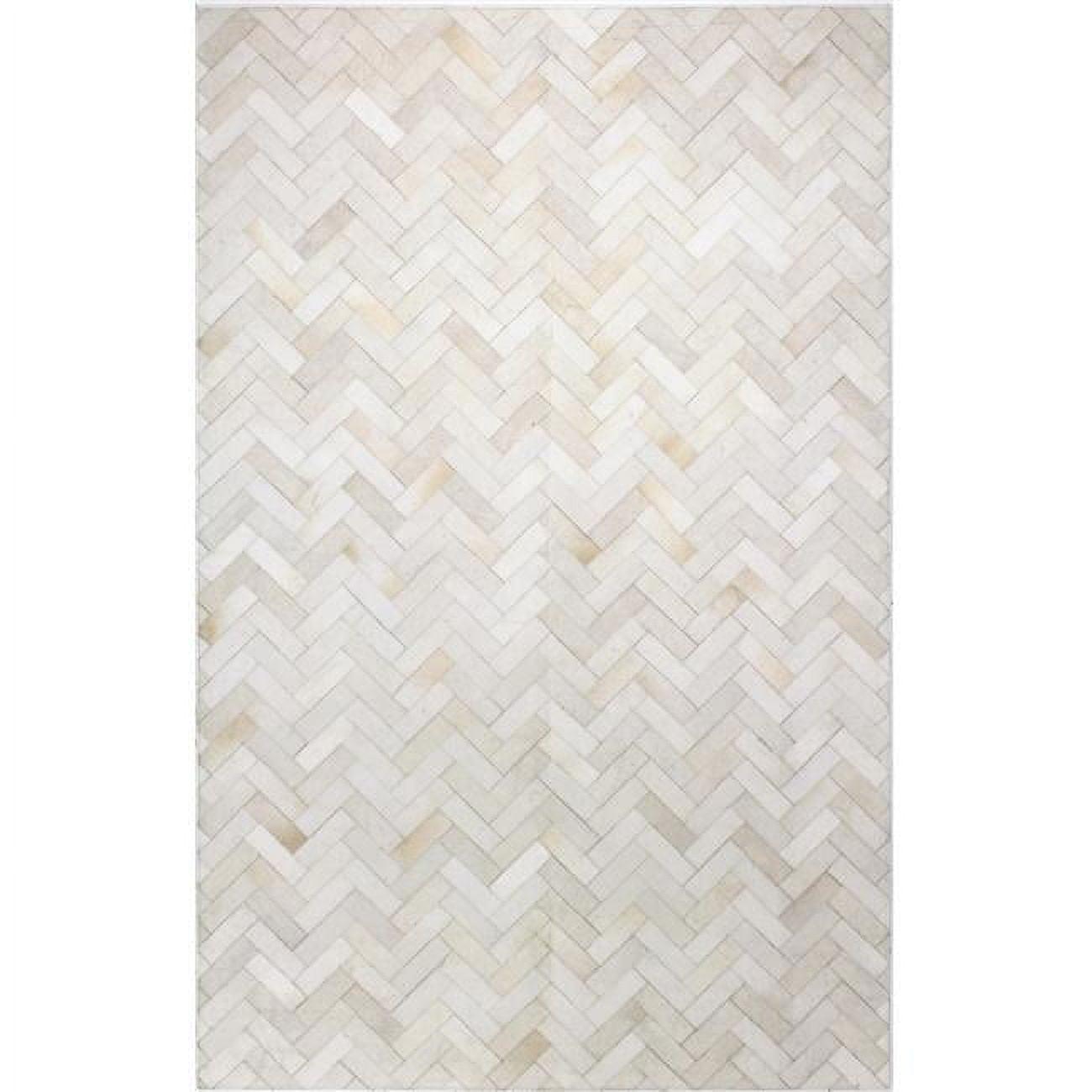 Santa Fe Collection Chevron Contemporary Leather Hand Stitched Area Rug, Cream - 5 x 8 ft.