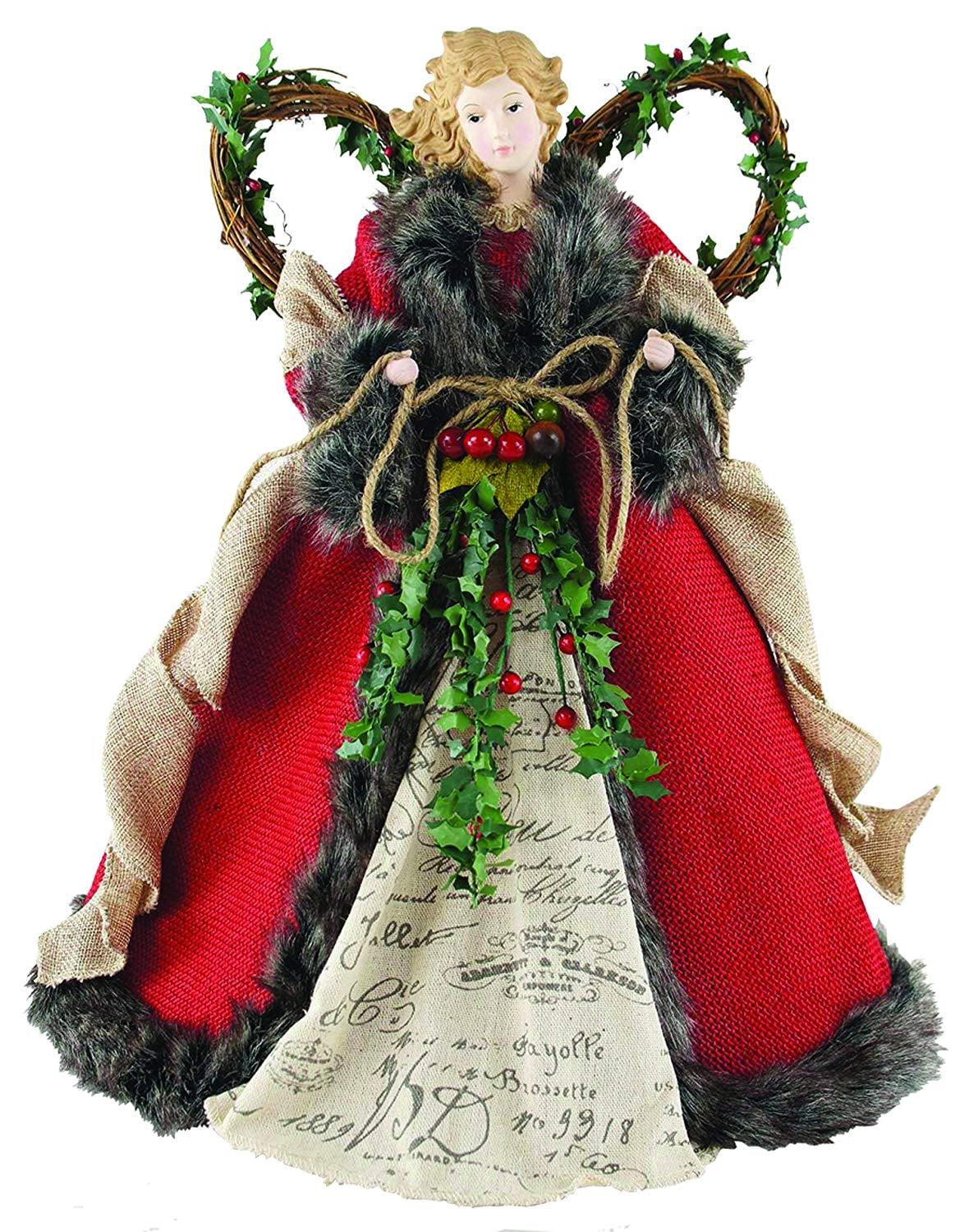 16" Red and Beige Porcelain Angel Christmas Tree Topper