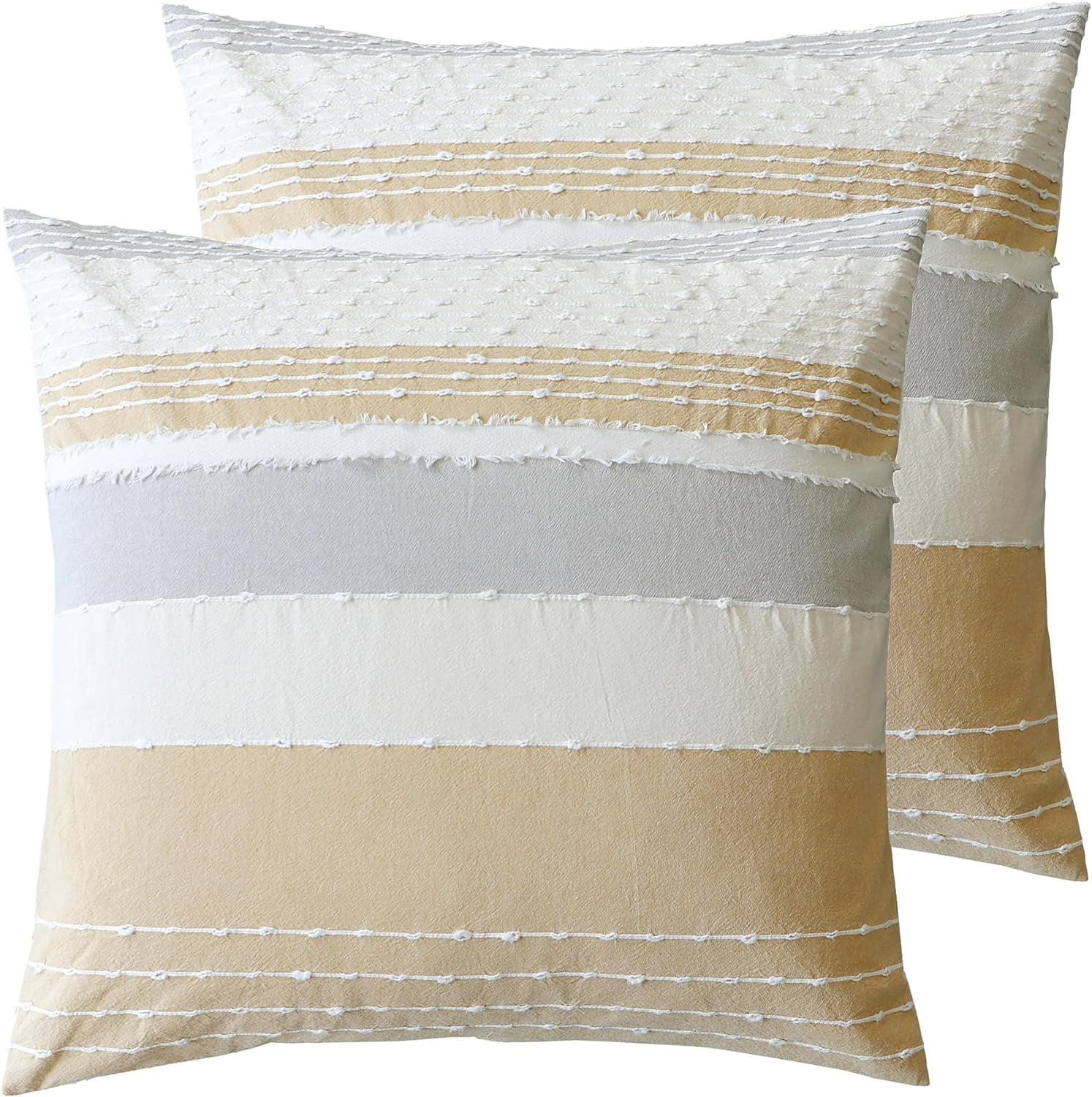 Santander Beige and Gray Cotton Euro Sham Set with Frayed Detailing