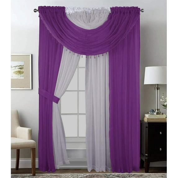 Sapphire Home Complete Window Sheer Curtain Panel Set with 4 Attached Panels 55x95 Each and 2 Valances with Beads and 2 Tiebacks - Easy Installation- Multicolor Purple and White