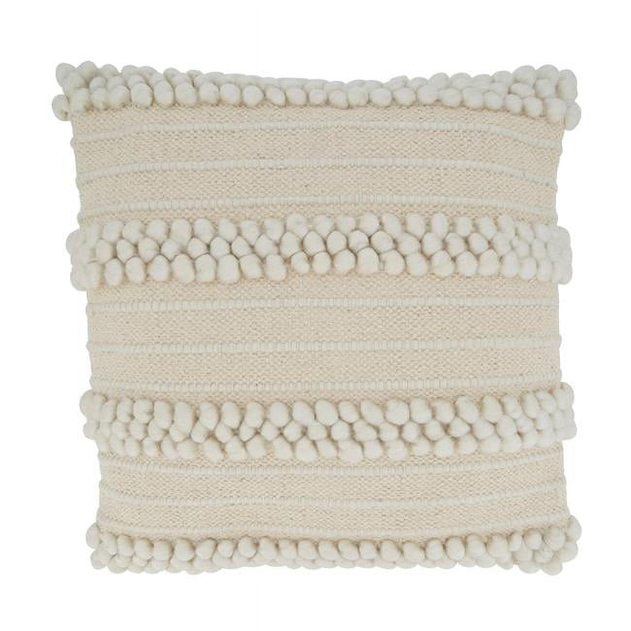 Ivory Pom Pom Striped Square Throw Pillow with Poly Filling