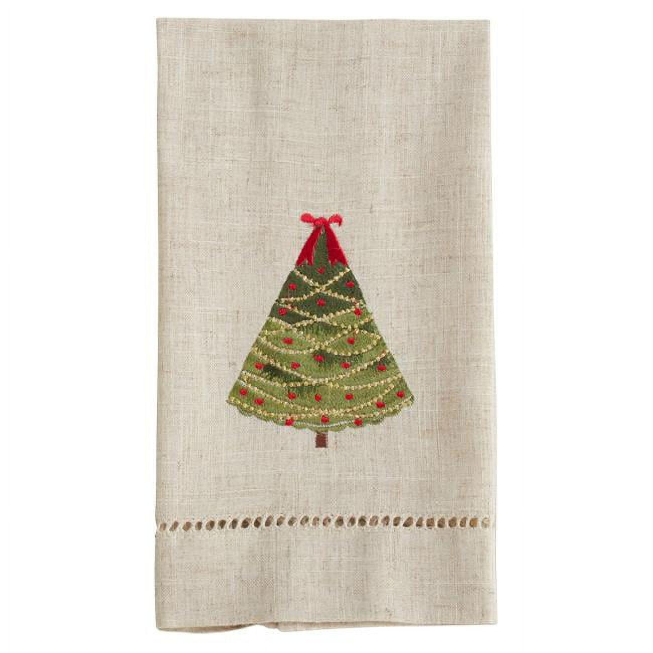 Saro Lifestyle  14 x 22 in. Embroidered & Hemstitched Ribbon Christmas Tree Guest Towels, Natural - Set of 4