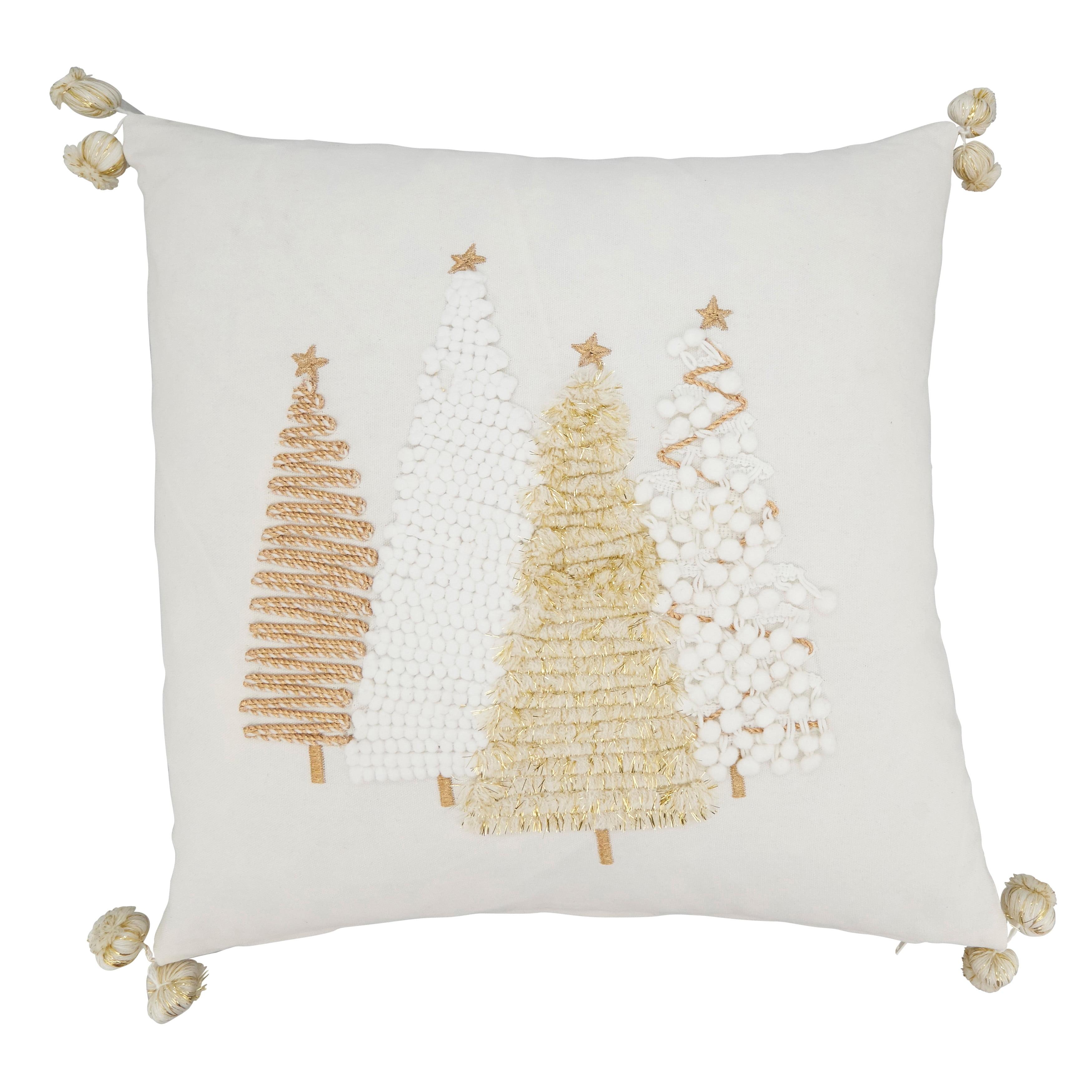 Saro Lifestyle Winter Wonderland Christmas Trees Throw Pillow Cover with Pom-Pom Trim, 18", Gold