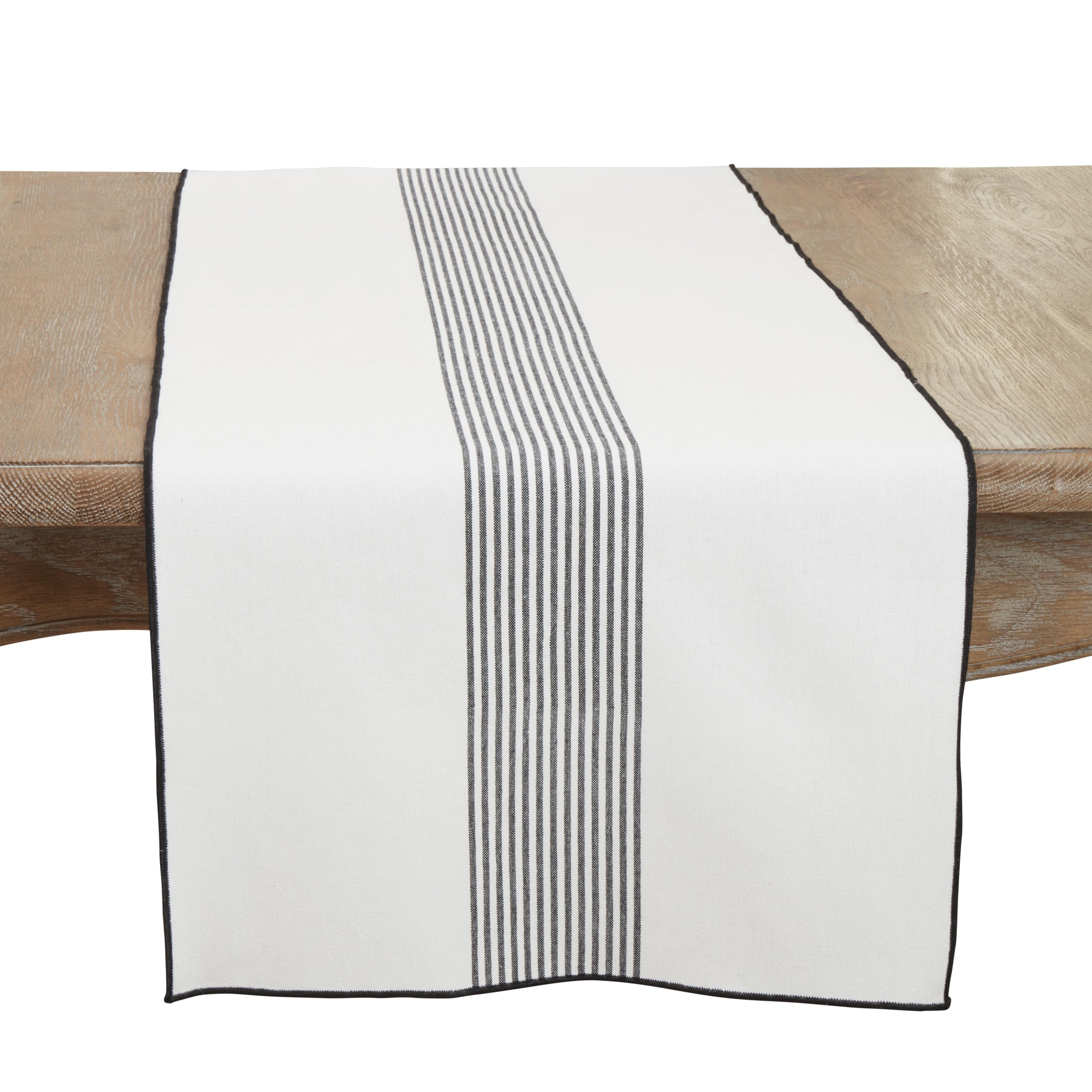 Rustic White Cotton Striped Table Runner with Black Trim, 16"x72"