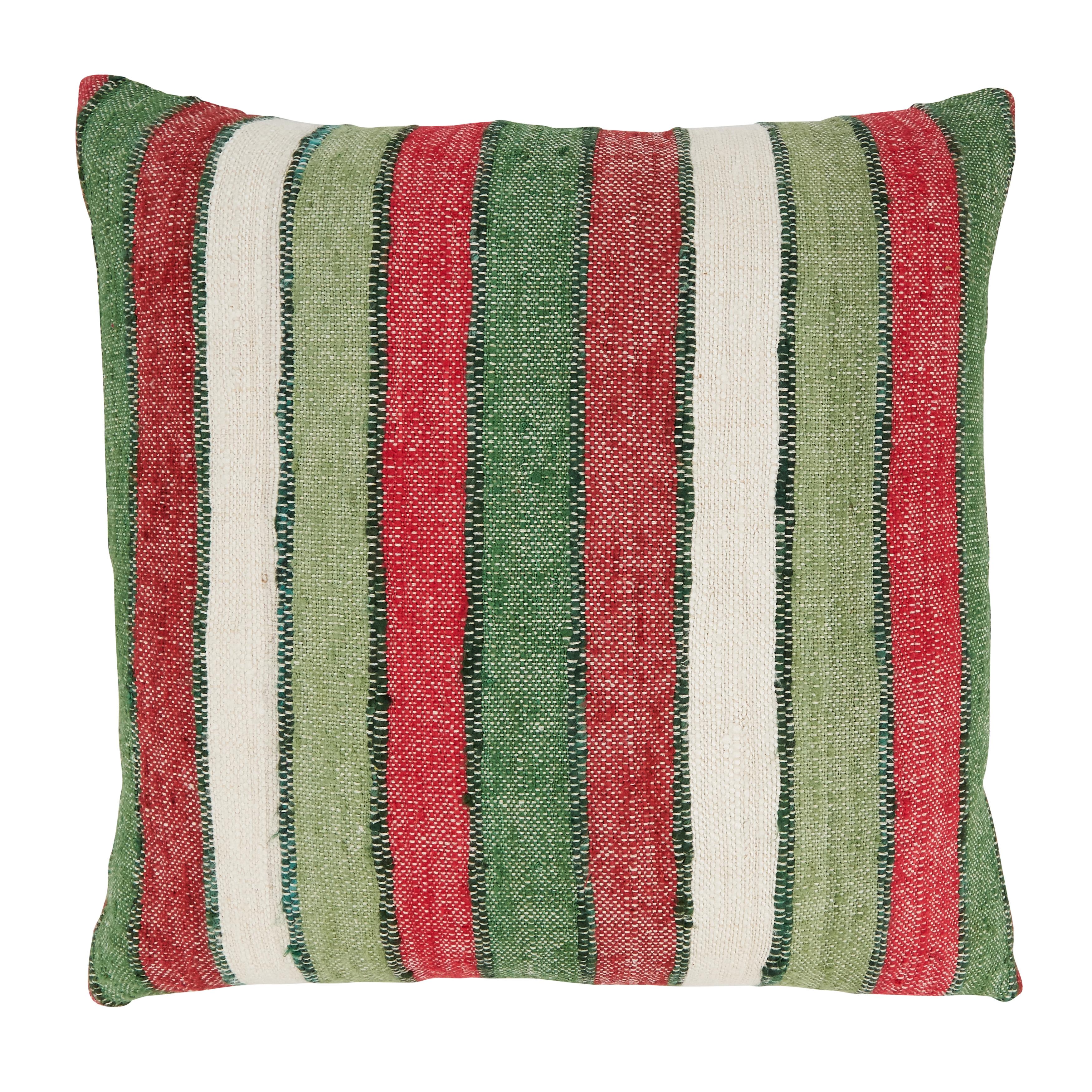 Red and Green Striped Cotton Throw Pillow Cover, 20"