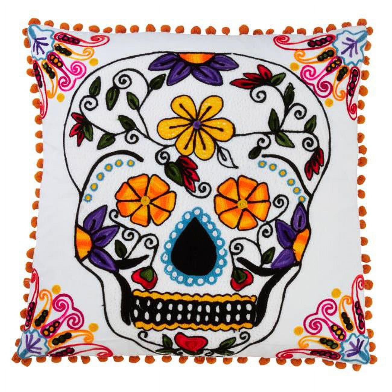 Fennco Styles DÃ­a de los Muertos Collection Cempasuchil Sugar Skull Embroidered 18 x 18 Inch Throw Pillow with Case & Insert â€“ White Throw Pillow for Couch, Bedroom and Living Room DÃ©cor