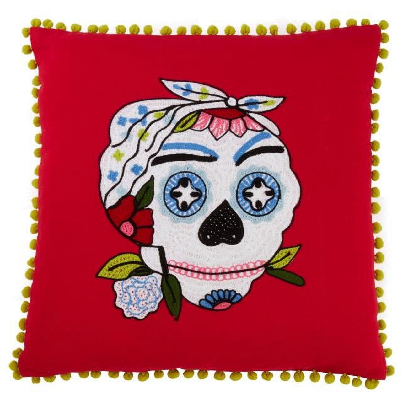 Red Sugar Skull Cotton Pillow with Pom Pom Trim