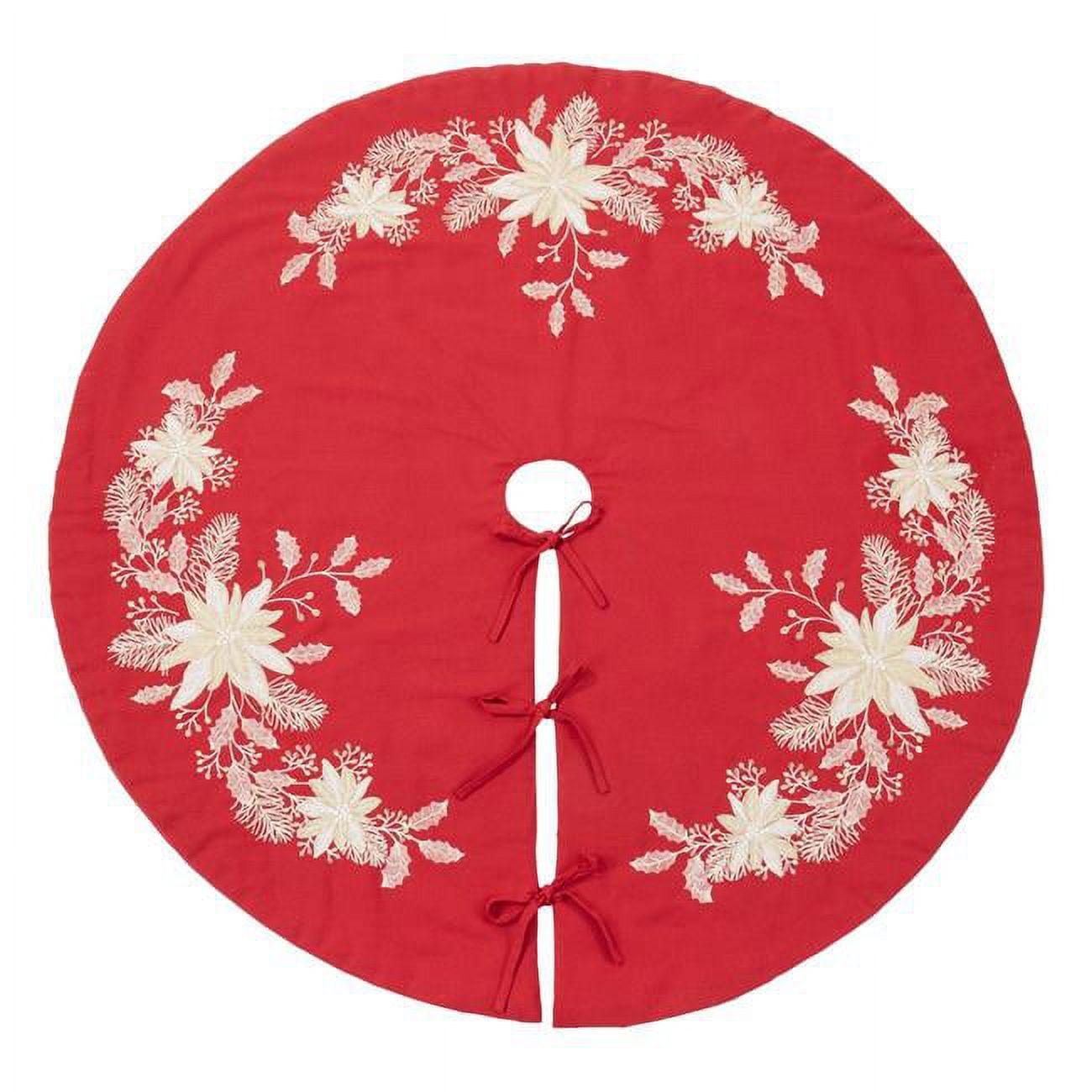 Red Embroidered Holly Christmas Tree Skirt, 54-inch