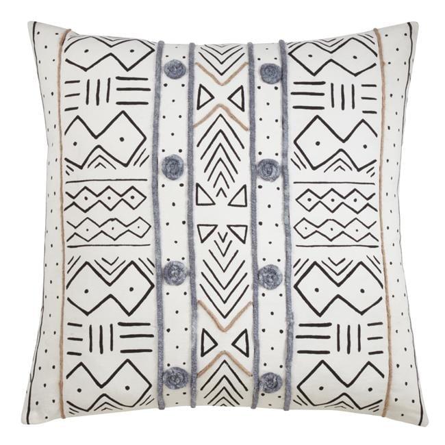 20 in. Mud Cloth Cotton Throw Down Filled Pillow, White