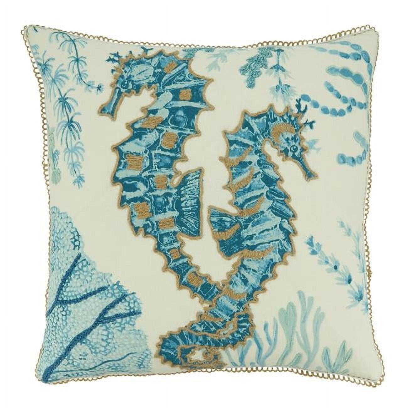 20" Aqua Blue Cotton Sea Horse Design Throw Pillow Cover