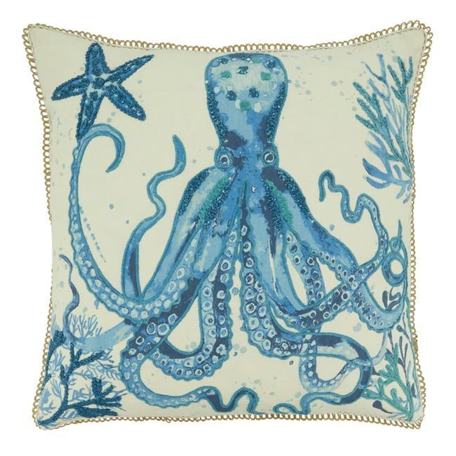 Navy Blue Cotton Octopus Design 20" Square Throw Pillow Cover