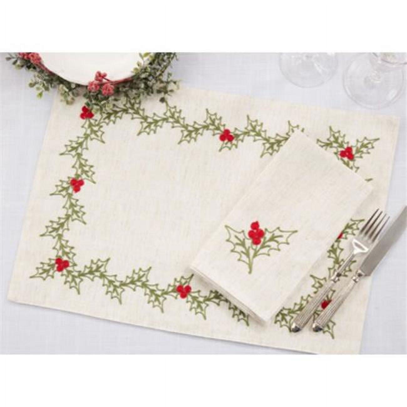 Natural Embroidered Holly Holiday Placemats and Napkins Set