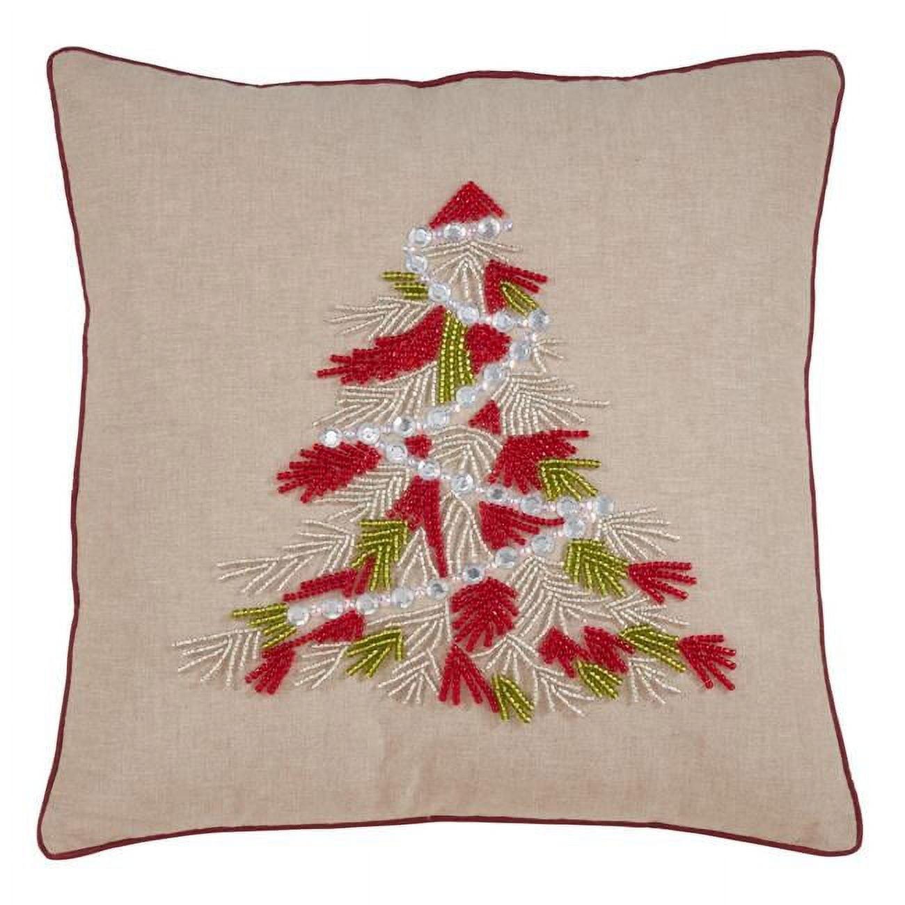 Festive Red Beaded Christmas Tree 18" Cotton Throw Pillow Cover