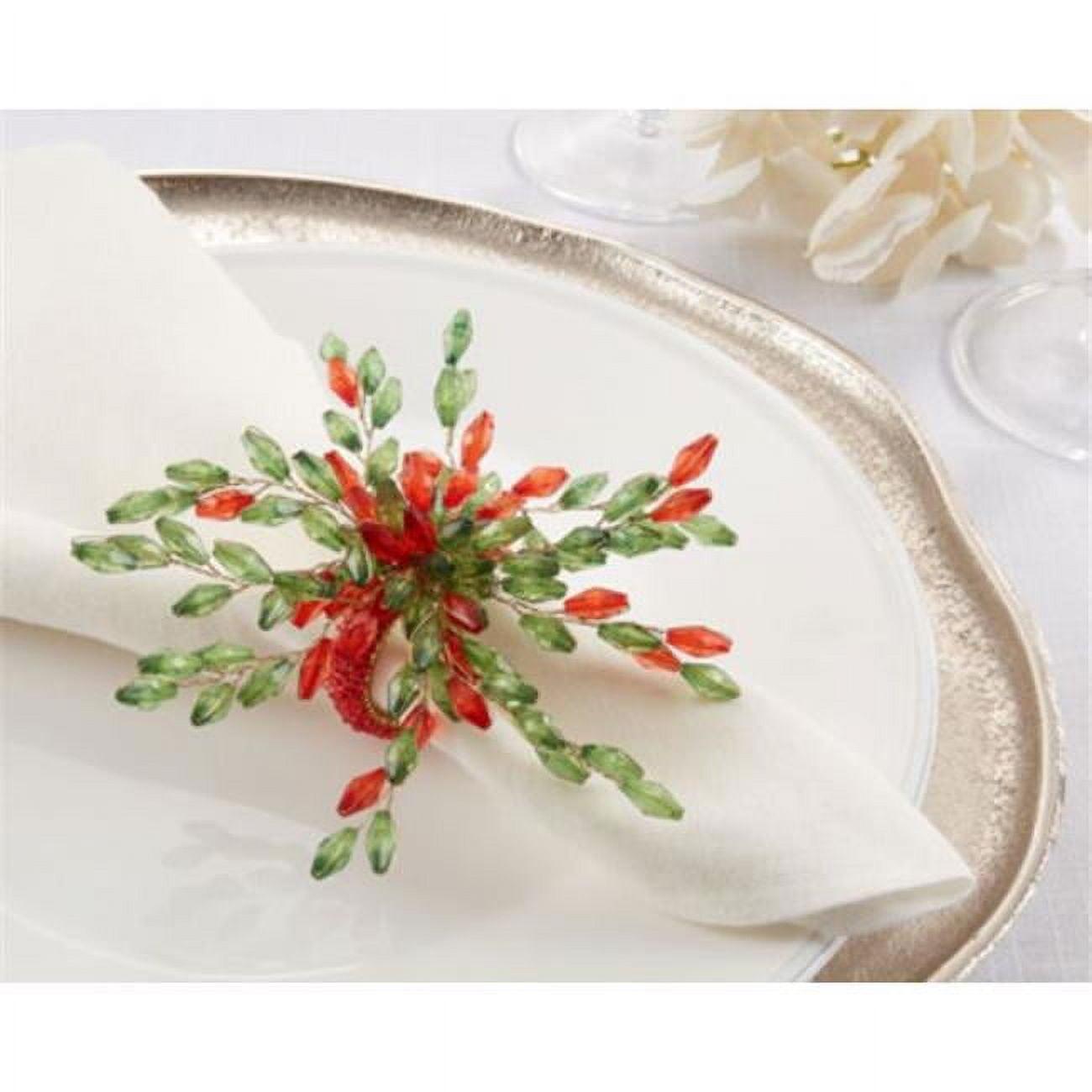 Red and Green Beaded Flower Napkin Rings Set of 4