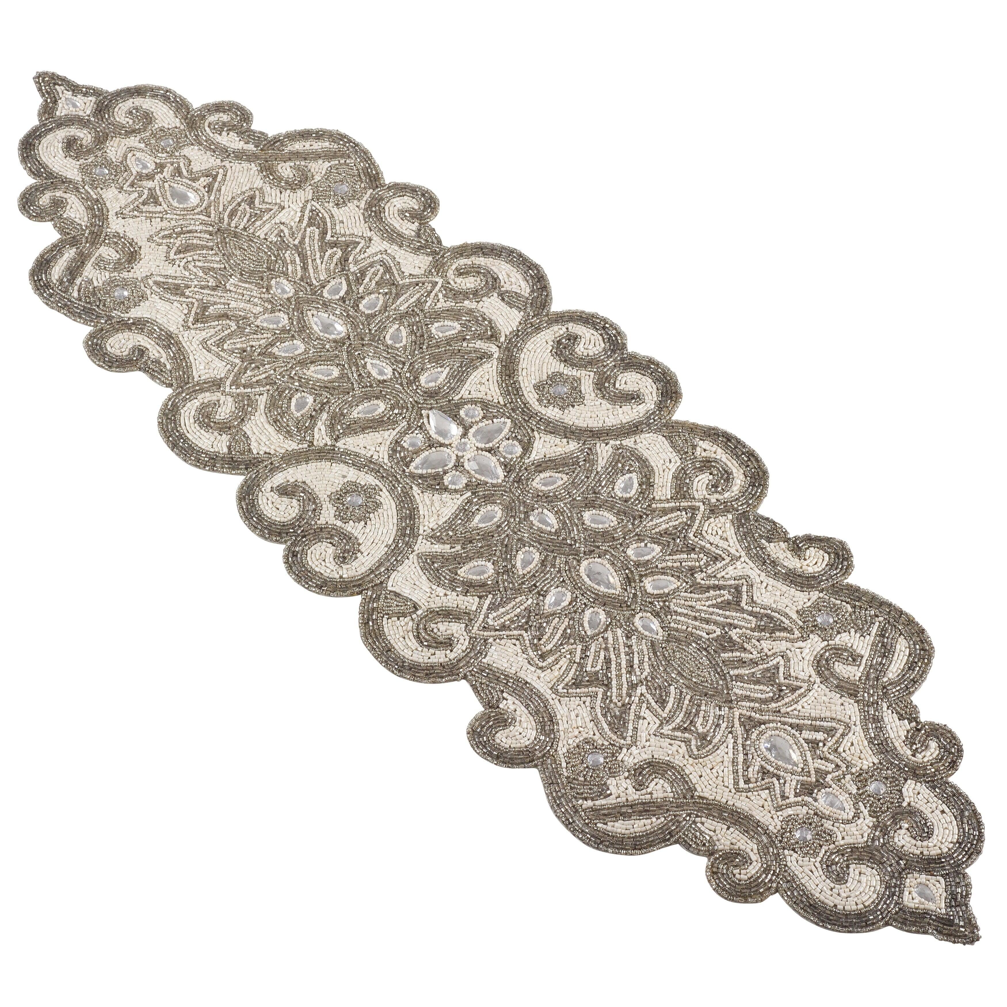Saro Lifestyle Beaded Jeweled Scroll Motif Elegant Glam Design Table Runner, Silver, 12" x 38"