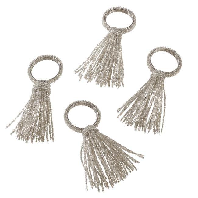Saro Lifestyle Beaded Spray Design Wedding Special Event Napkin Ring (Set of 4), Silver