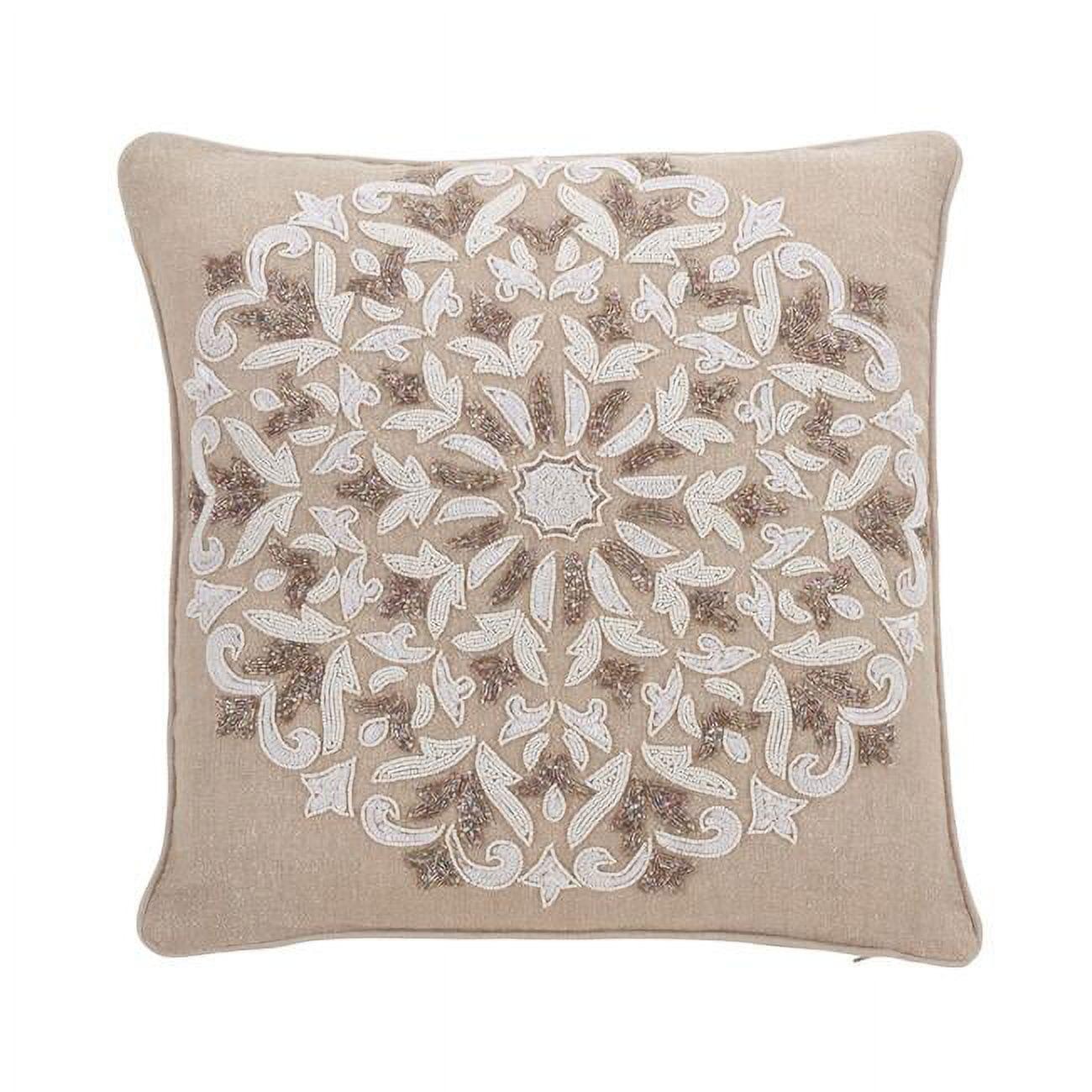 Beige Embroidered Linen Blend Square Throw Pillow