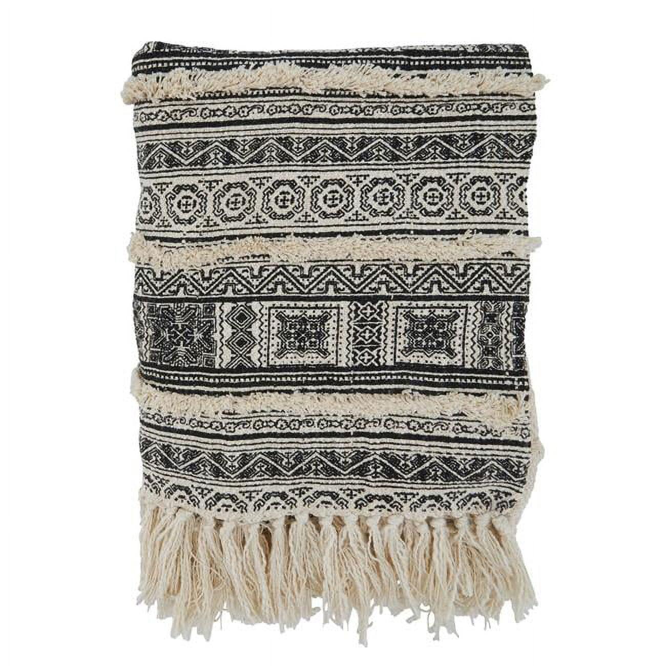 Black and Beige Cotton Block Print Embellished Throw Blanket