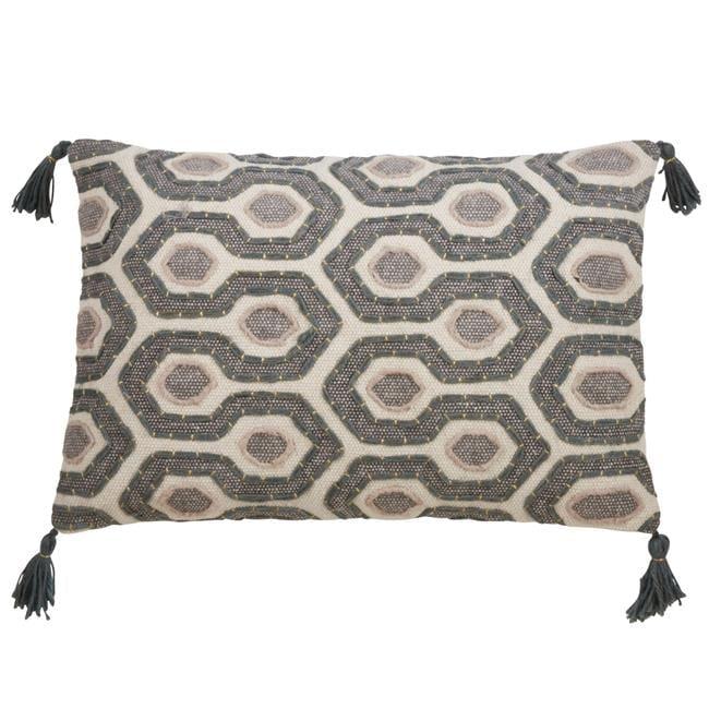 Saro Lifestyle Block Print Embroidered Pillow - Down Filled, 16"x24" Oblong, Grey