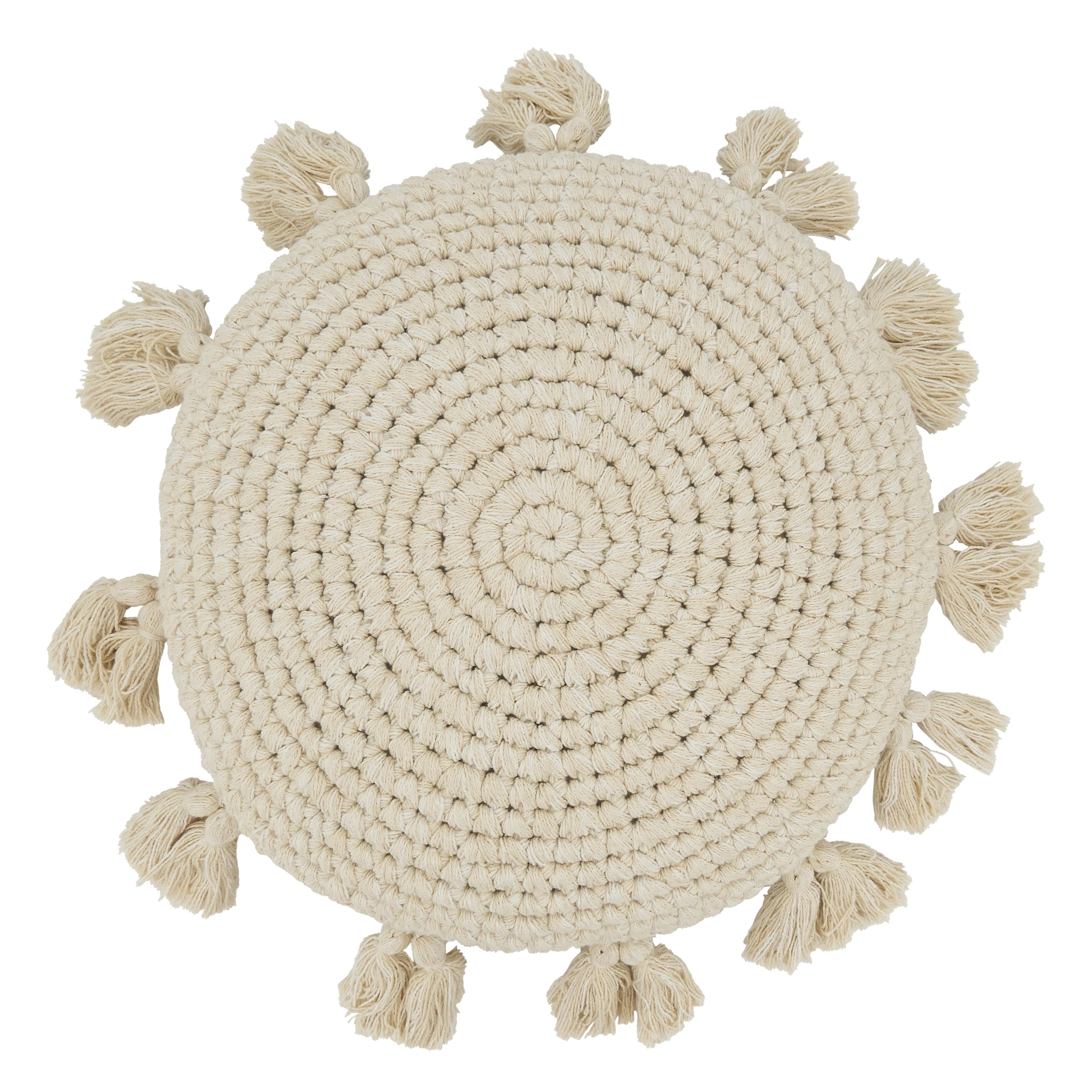 Saro Lifestyle Boho Bliss Tassel Round Poly Filled Throw Pillow, Beige, 18"x18"