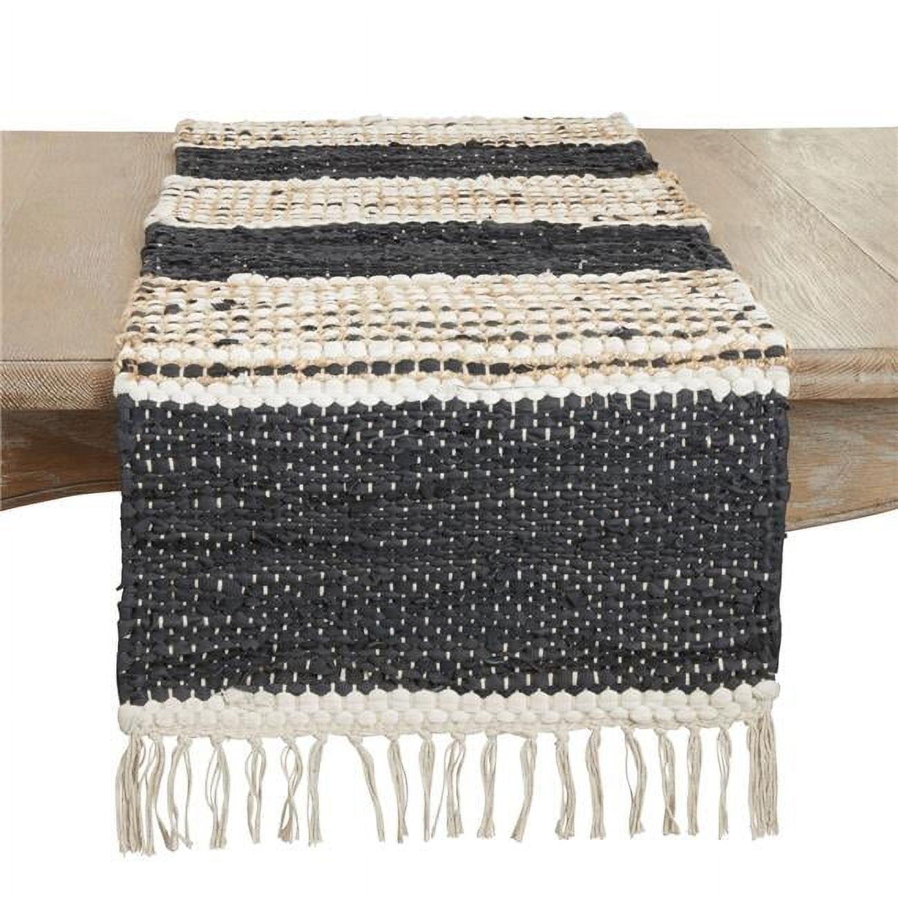 Saro Lifestyle Boho Leather Chindi Fringed Table Runner, Black, 16"x72"