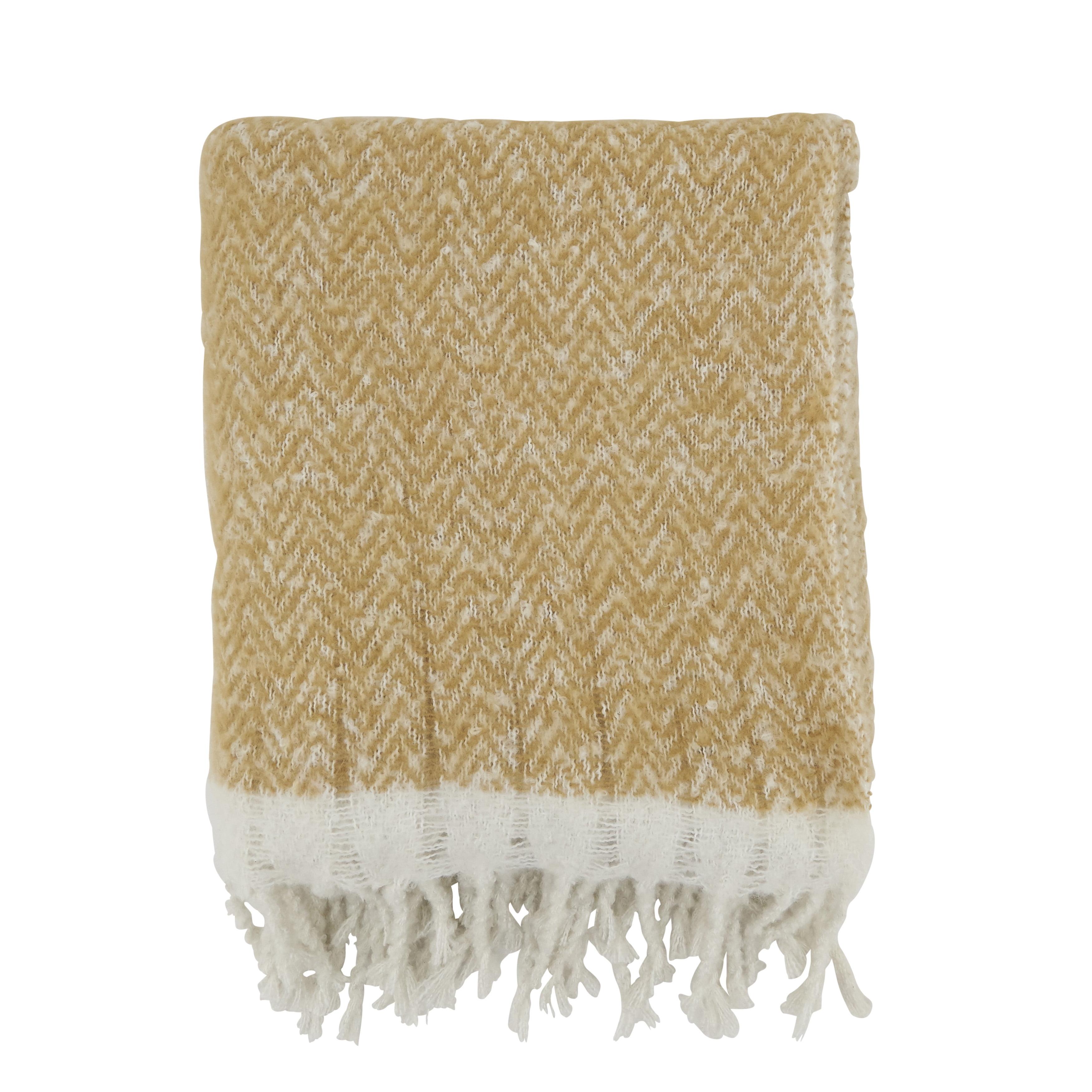 Natural Faux Mohair Herringbone Fringed Throw Blanket