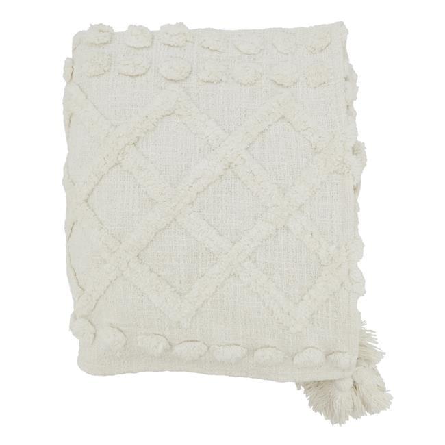 White Cotton Tufted Throw Blanket with Tassels, 50"x60"