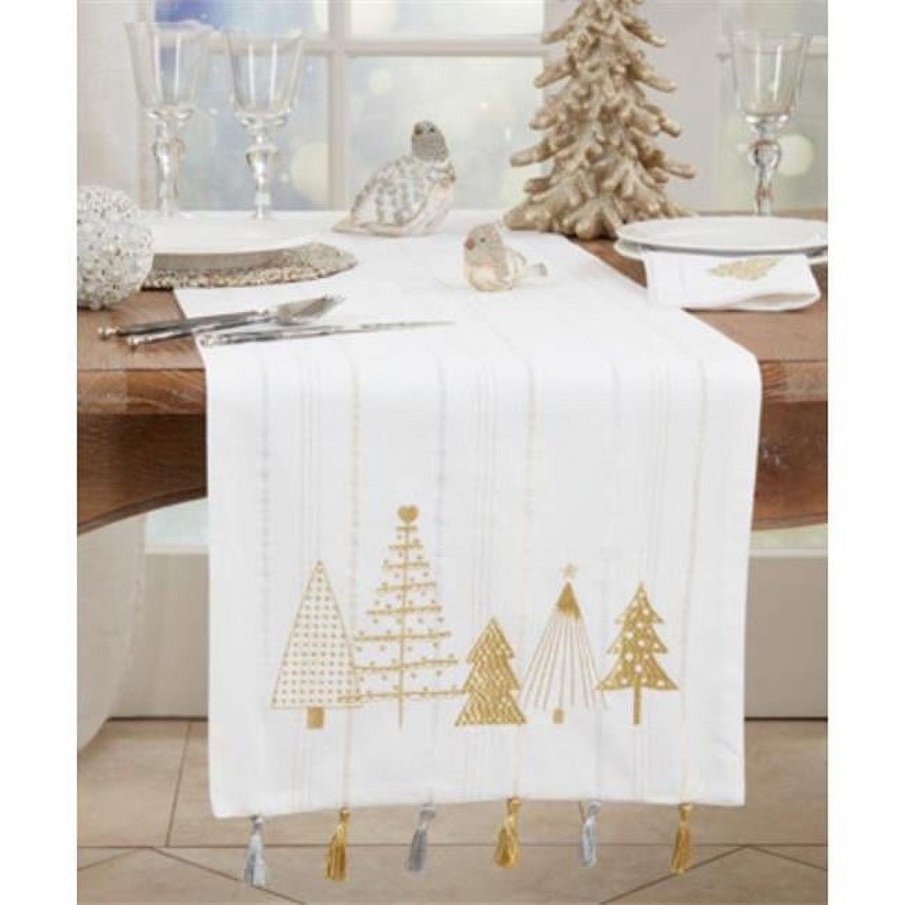 White Cotton Christmas Tree Table Runner with Gold Tassels