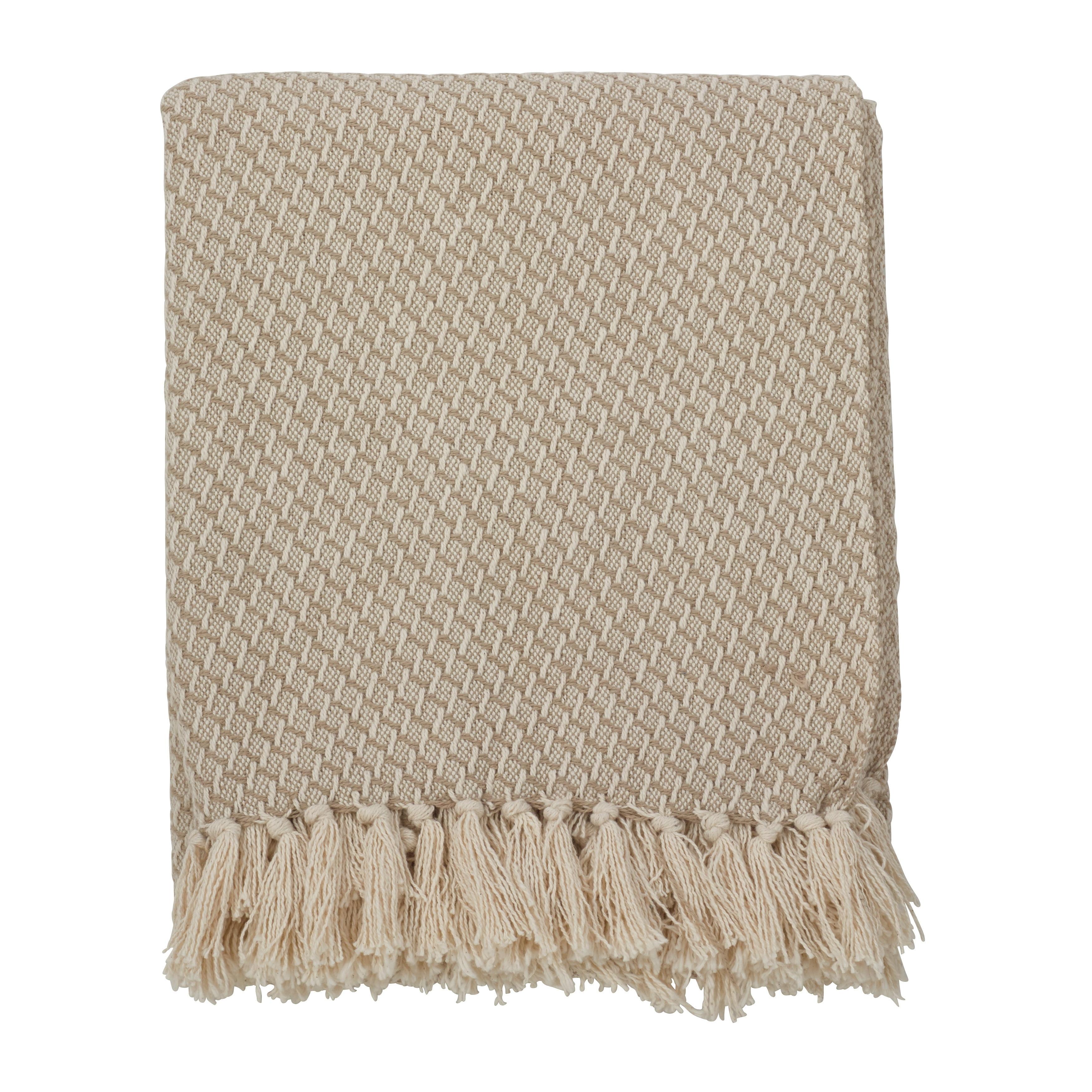 50"x60" Classic Tassel Trim Throw Blanket Beige - Saro Lifestyle: Cotton, Mid-Century Modern, Machine Washable