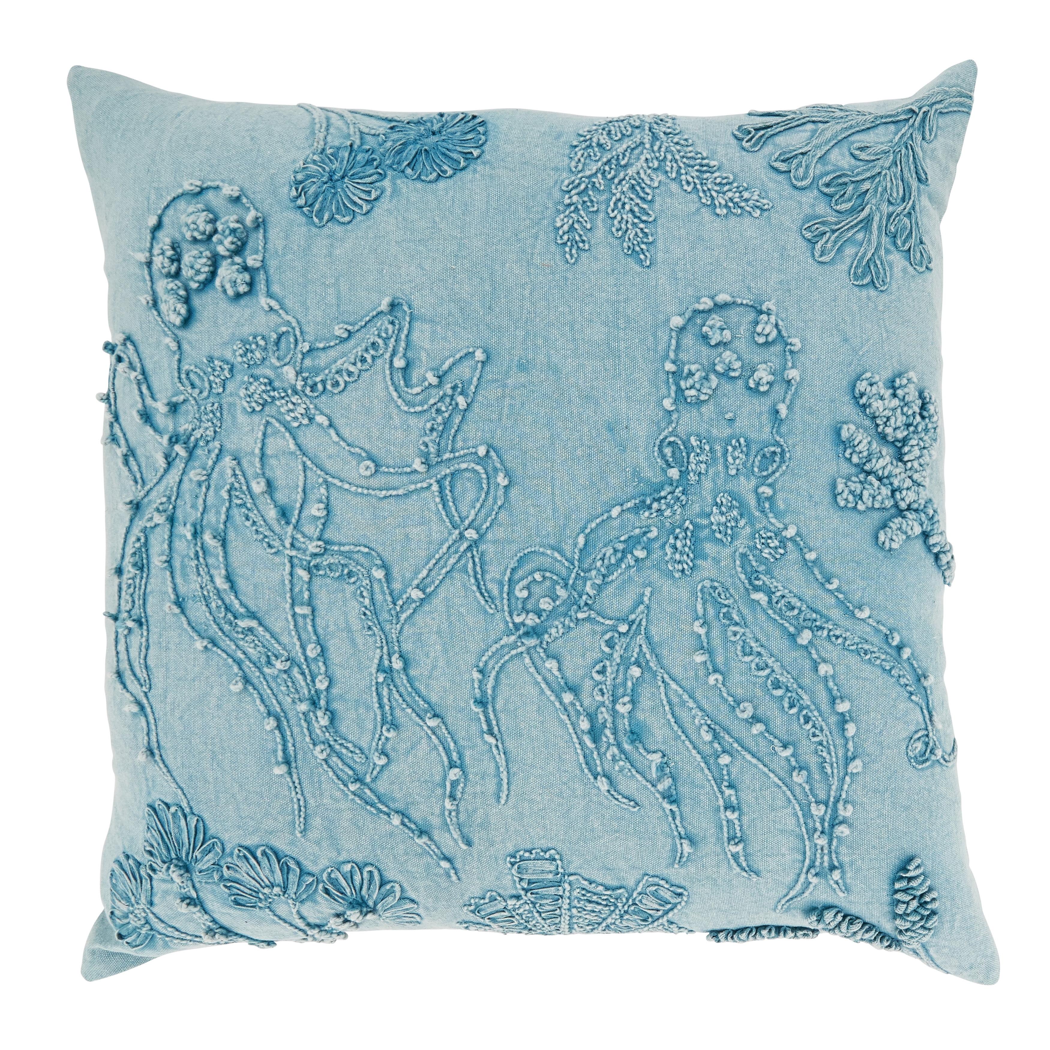 Blue Cotton Stonewashed Octopus Throw Pillow Cover 20"x20"