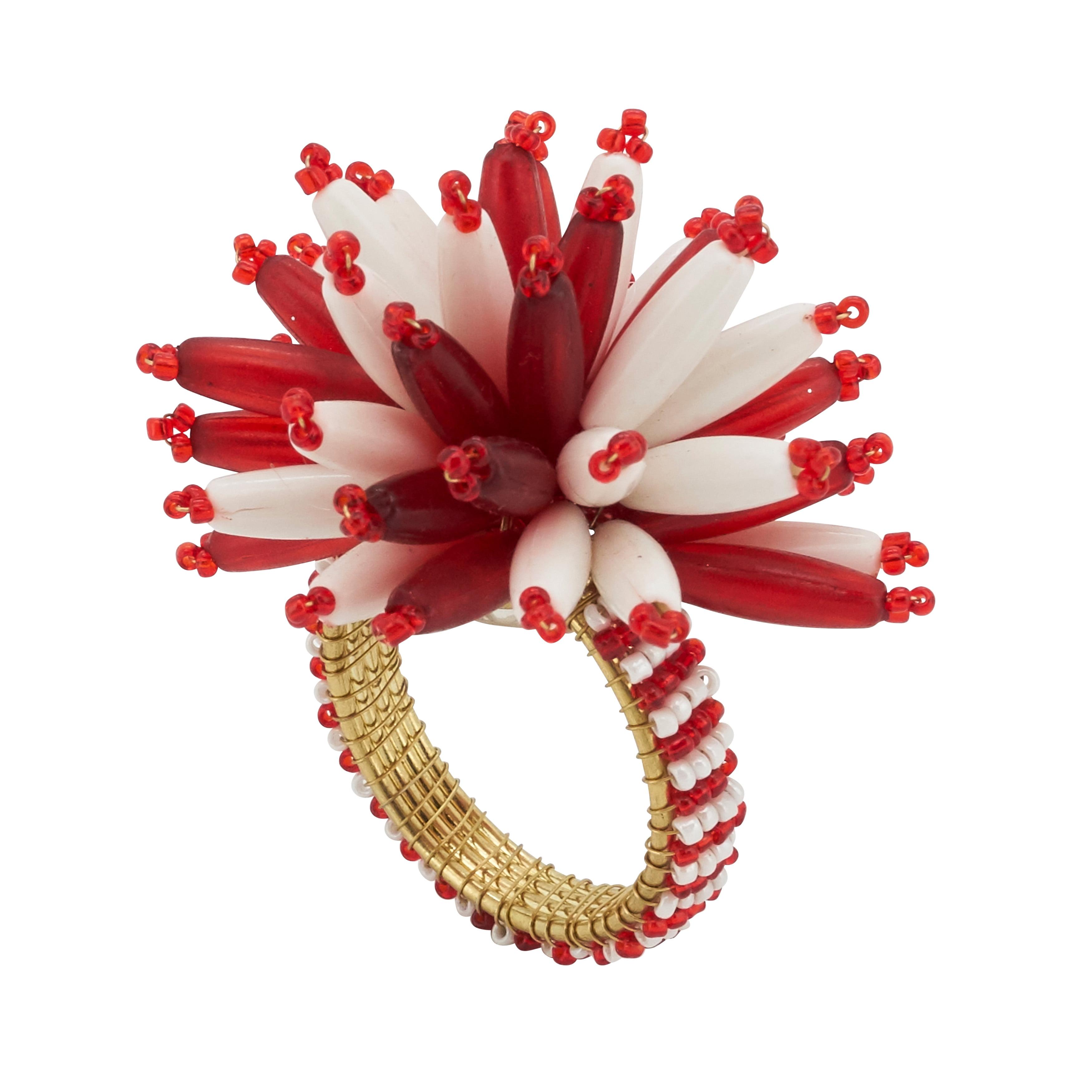 Elegant Red and White Beaded Napkin Rings Set of 4