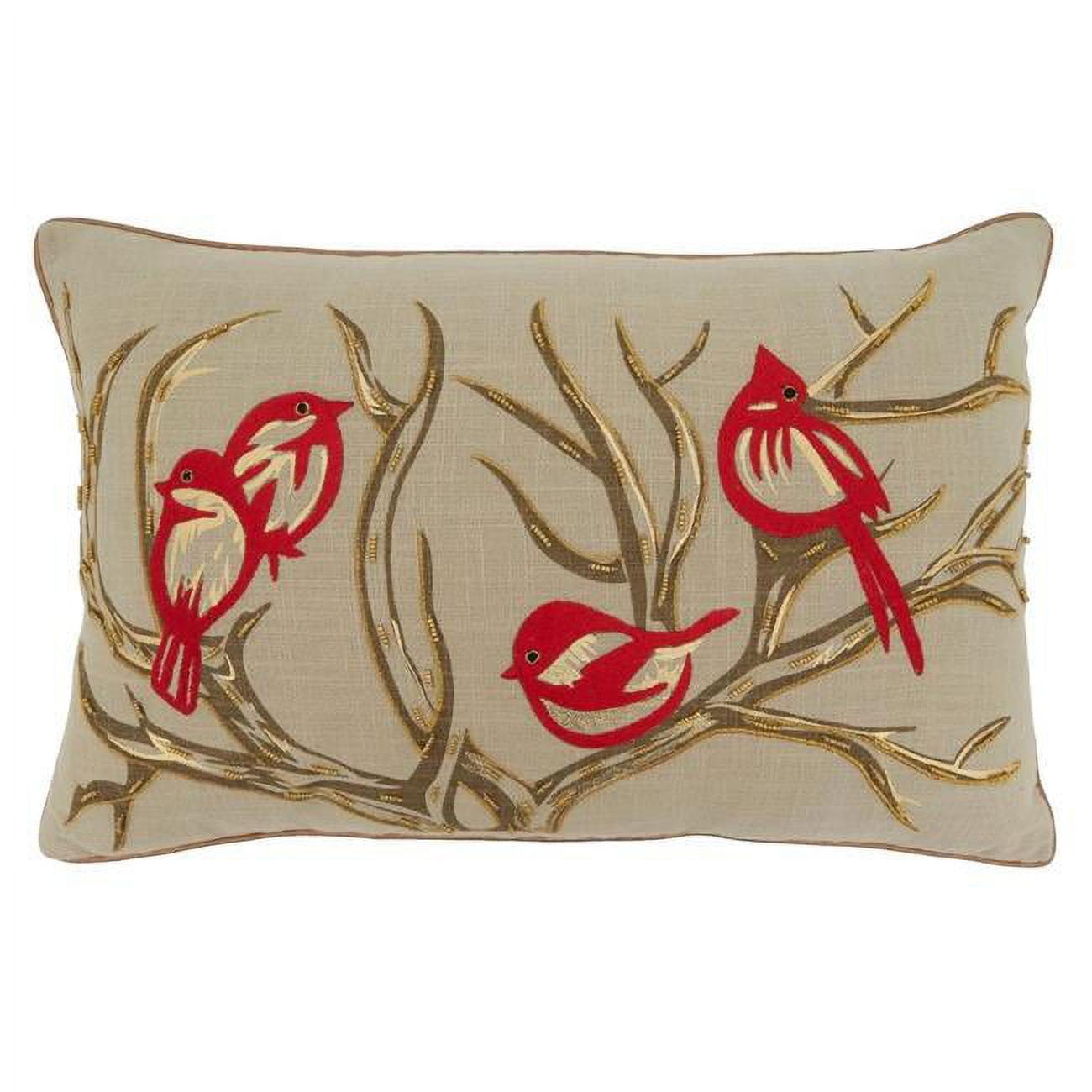 Natural Embroidered Bird and Branch Cotton Throw Pillow